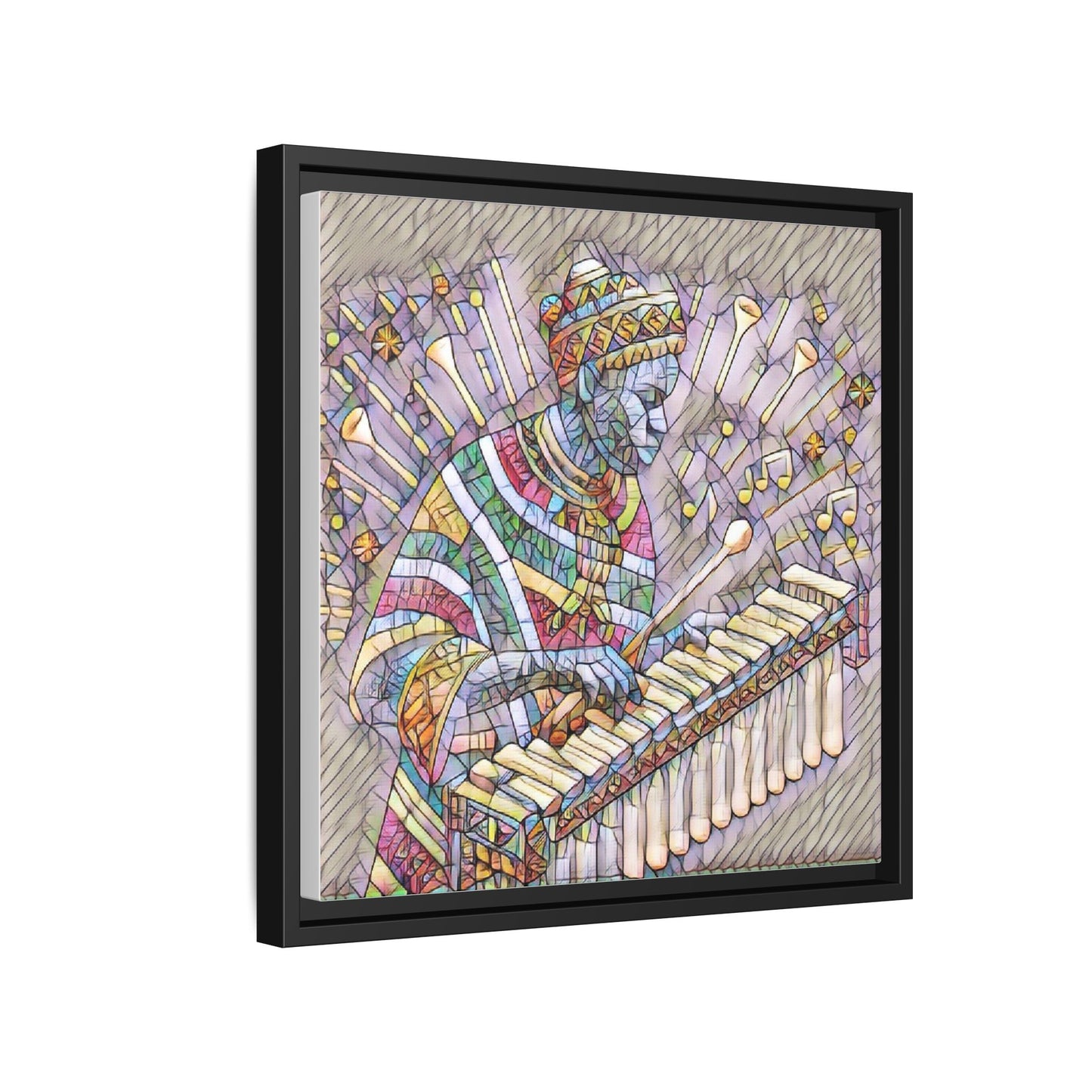 Colorful Marimba Musician Matte Framed Canvas — Vibrant African Instrument Wall Art