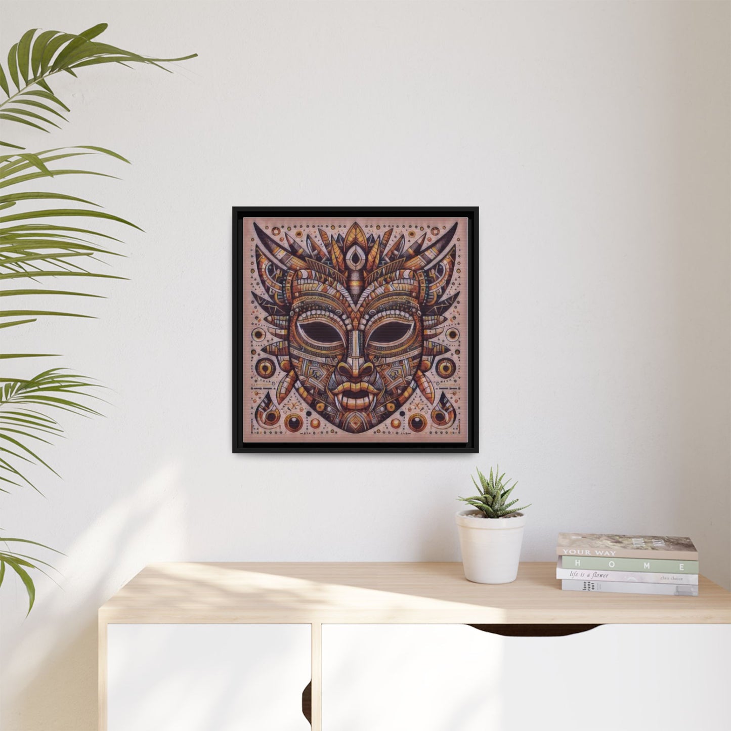 Tribal Mask Framed Canvas Art — Multicolor Matte Wall Decor