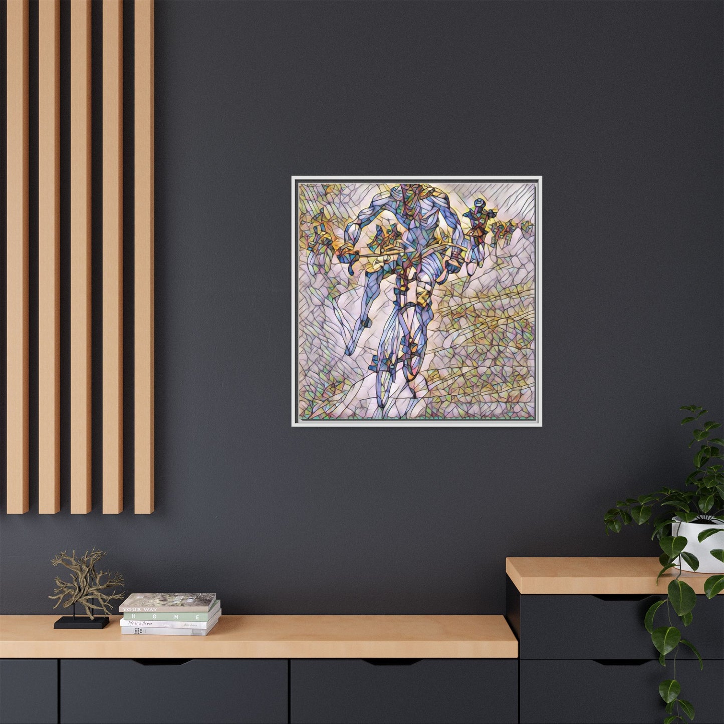 Abstract Cyclist Matte Canvas Framed Art — Colorful Stained-Glass Bike Print