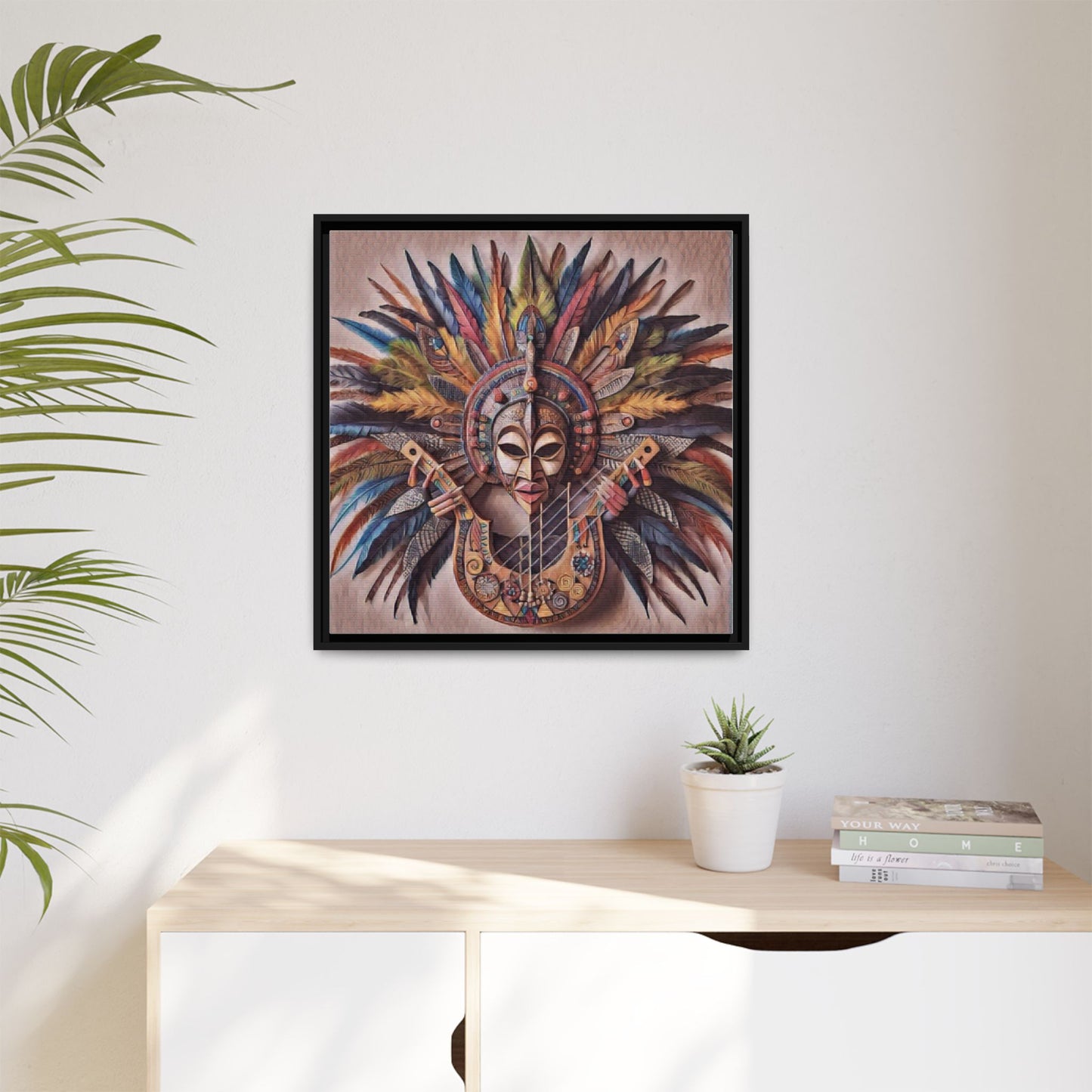 Tribal Feather Mask Guitar Framed Canvas Art — Colorful Boho Wall Decor
