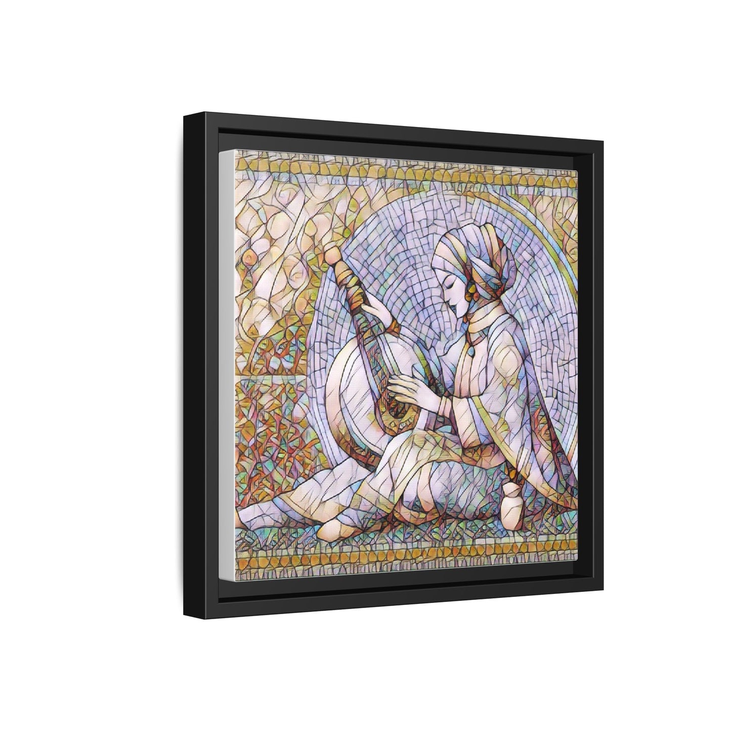 Framed Matte Canvas: Mosaic Lute Player Wall Art — Bohemian Musical Portrait