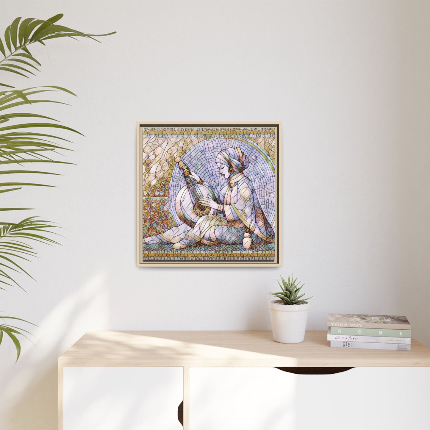 Framed Matte Canvas: Mosaic Lute Player Wall Art — Bohemian Musical Portrait
