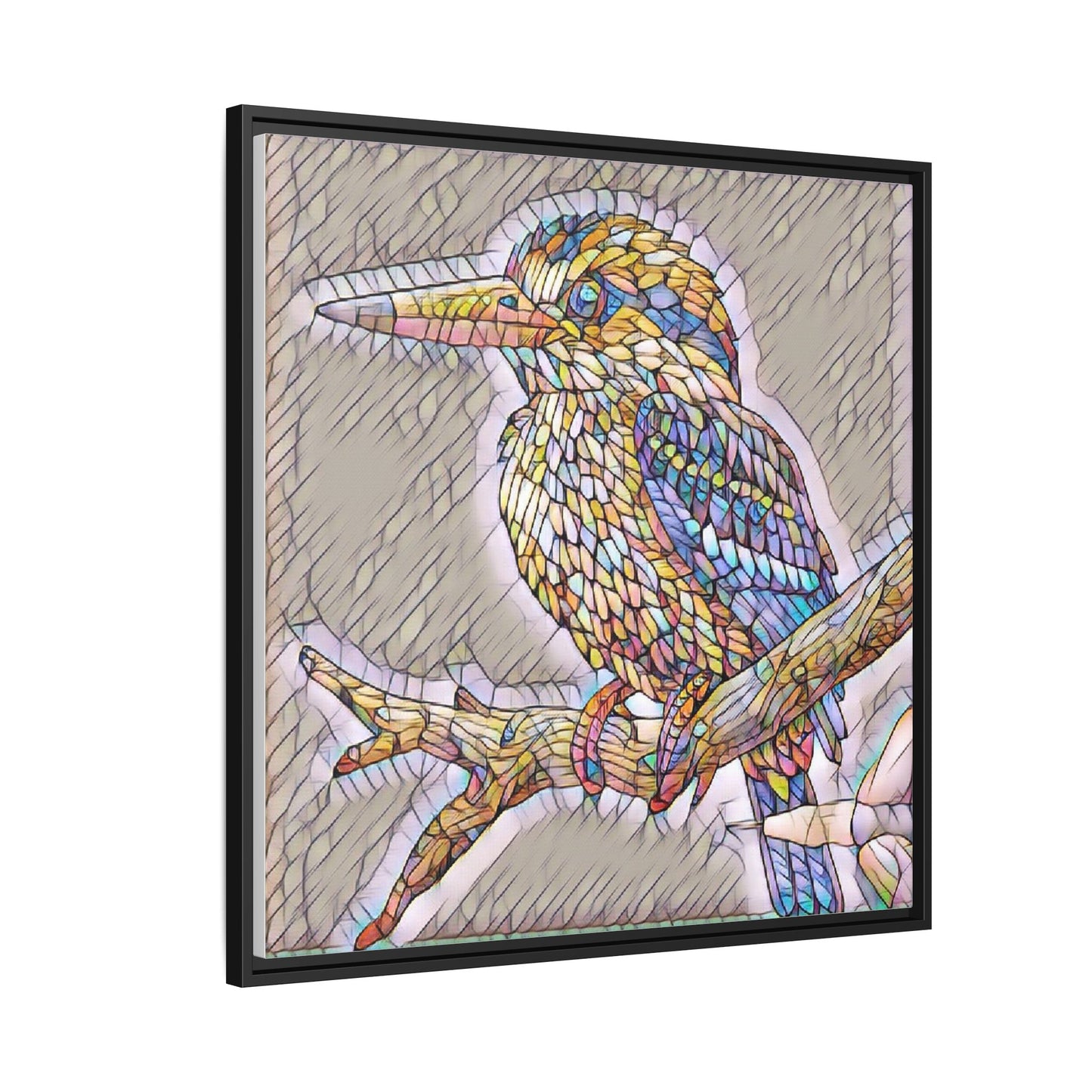 Colorful Kingfisher Framed Canvas Wall Art — Stained-Glass Style Bird Print