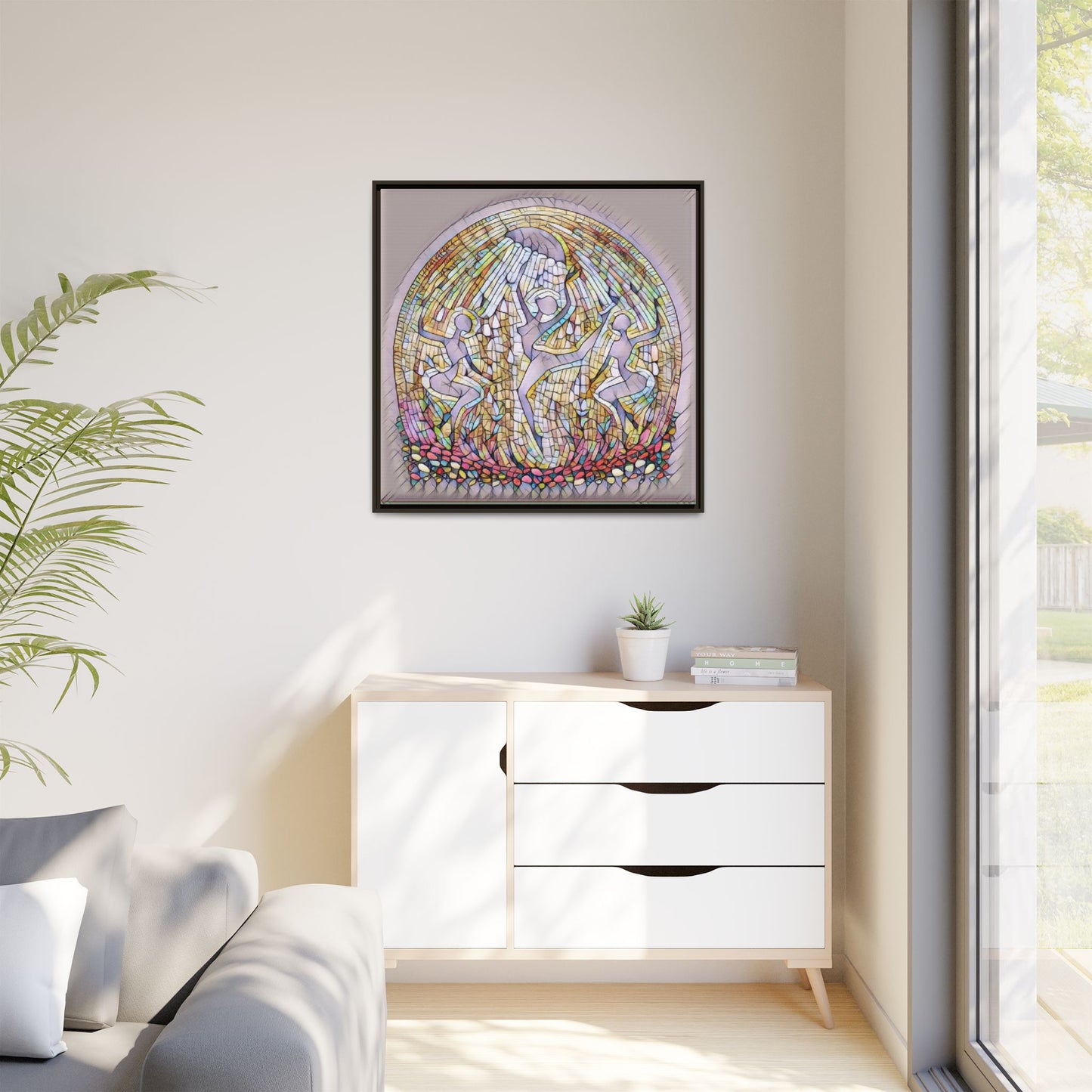 Framed Canvas Art - Stained Glass Dance Trio (Matte Multi-Color)
