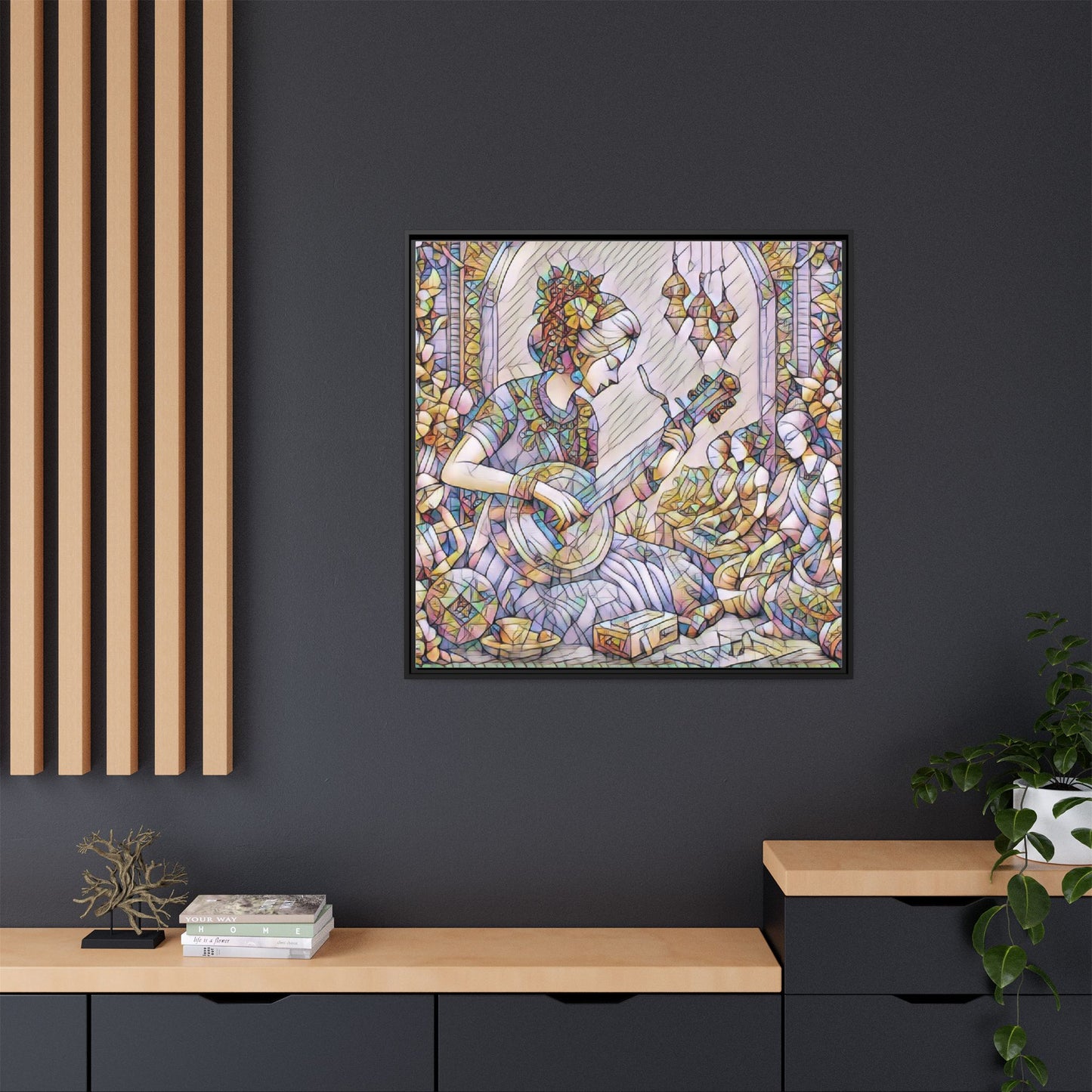 Framed Matte Canvas: Bohemian Woman Playing Lute — Stained-Glass Style Wall Art