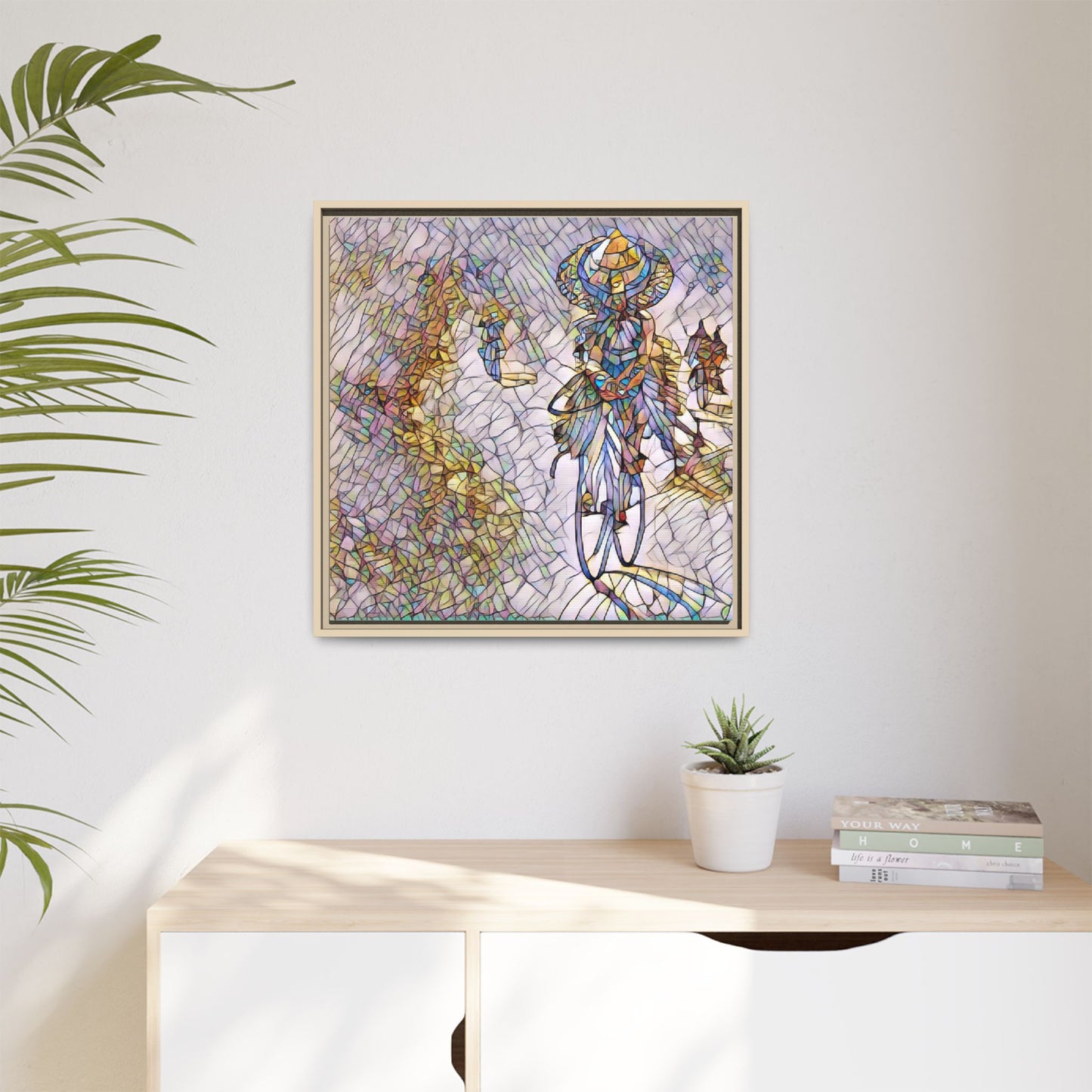 Abstract Cyclist Stained-Glass Art Print — Framed Matte Canvas