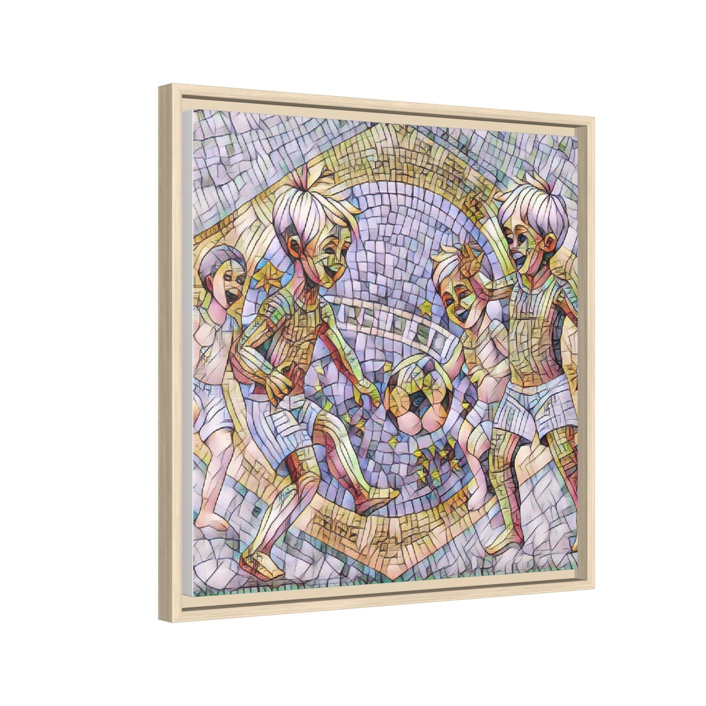 Framed Matte Canvas – Vintage Mosaic Kids Playing Soccer Art