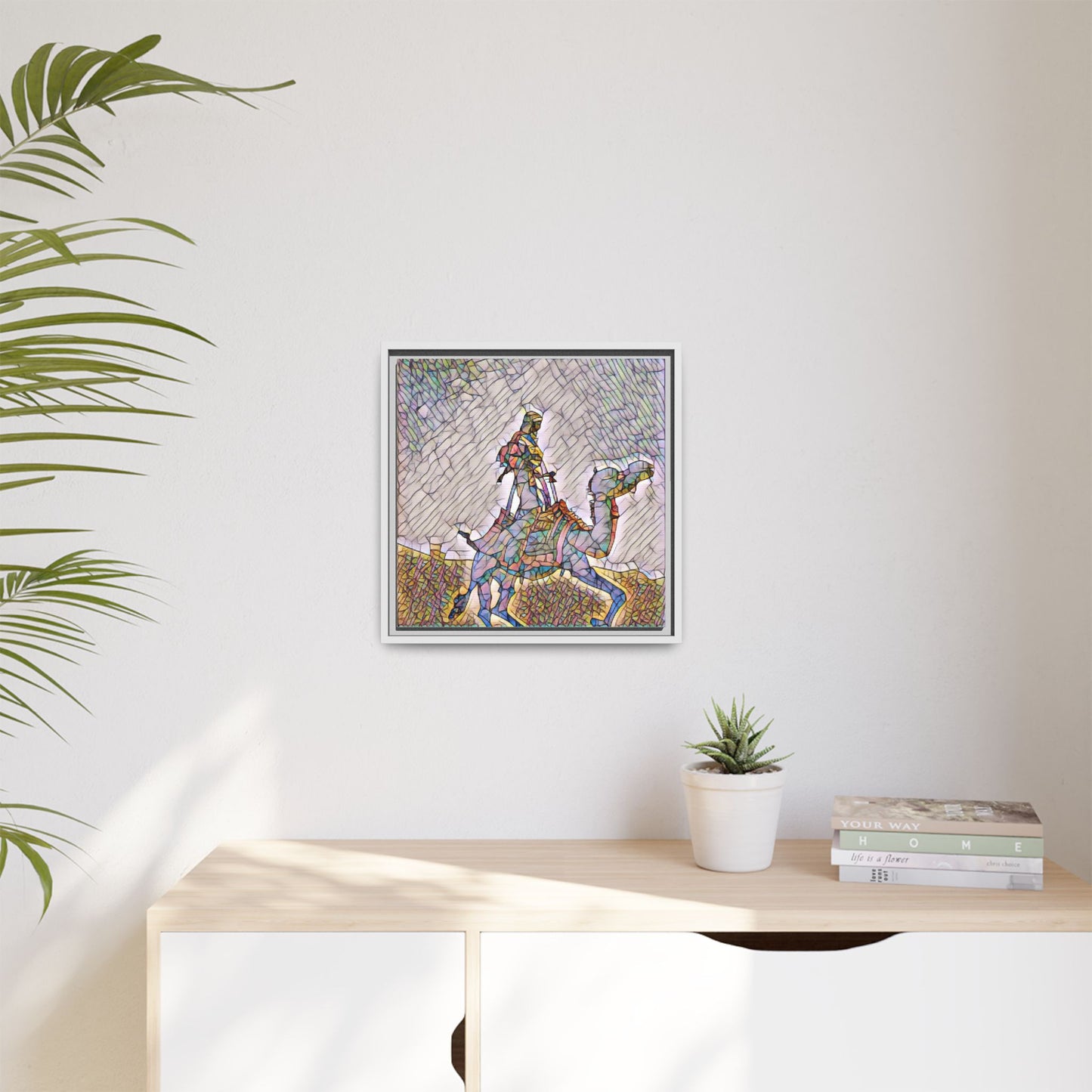 Framed Camel Rider Matte Canvas Art — Colorful Mosaic Desert Wall Decor
