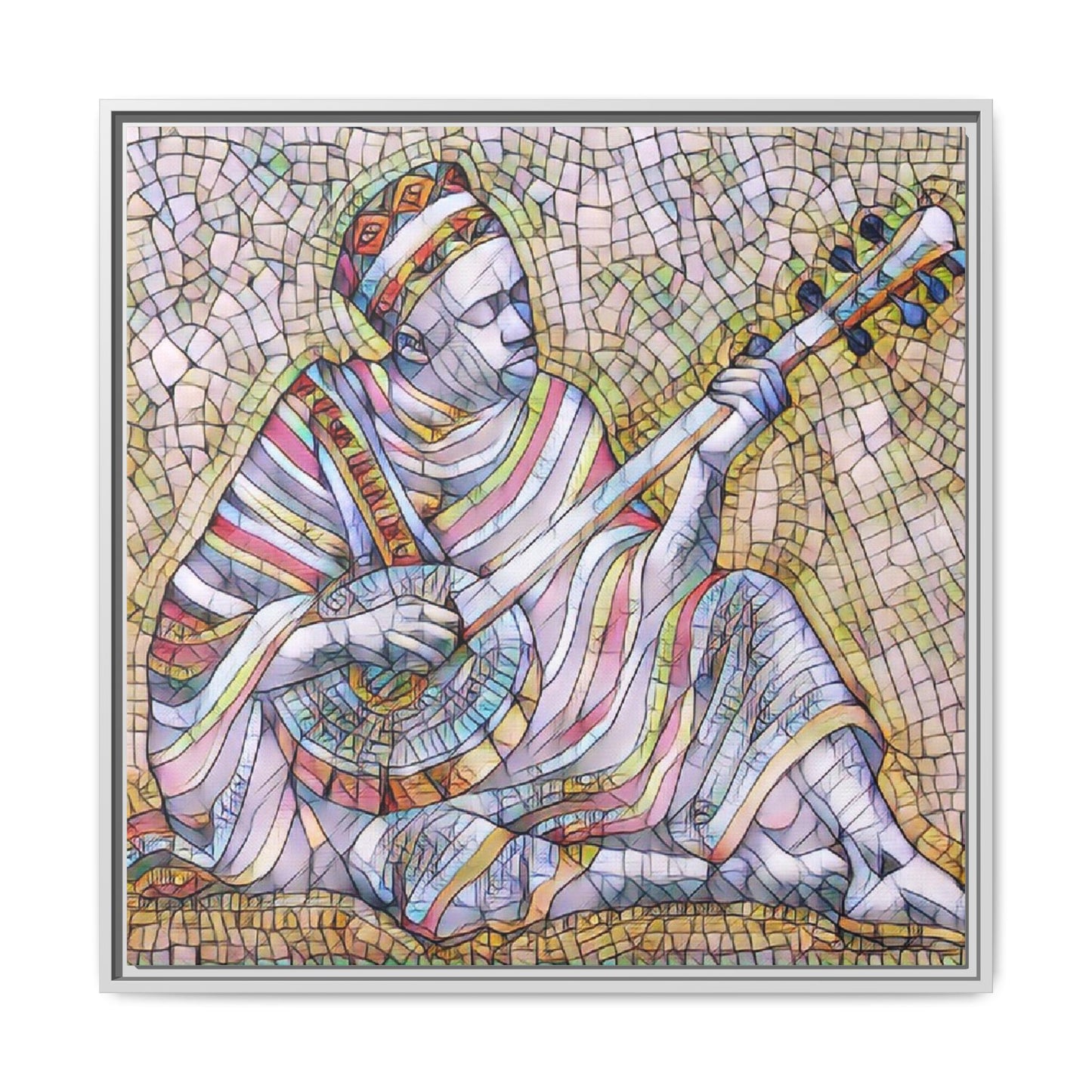 Framed Mosaic Musician Canvas – Colorful Bohemian Wall Art