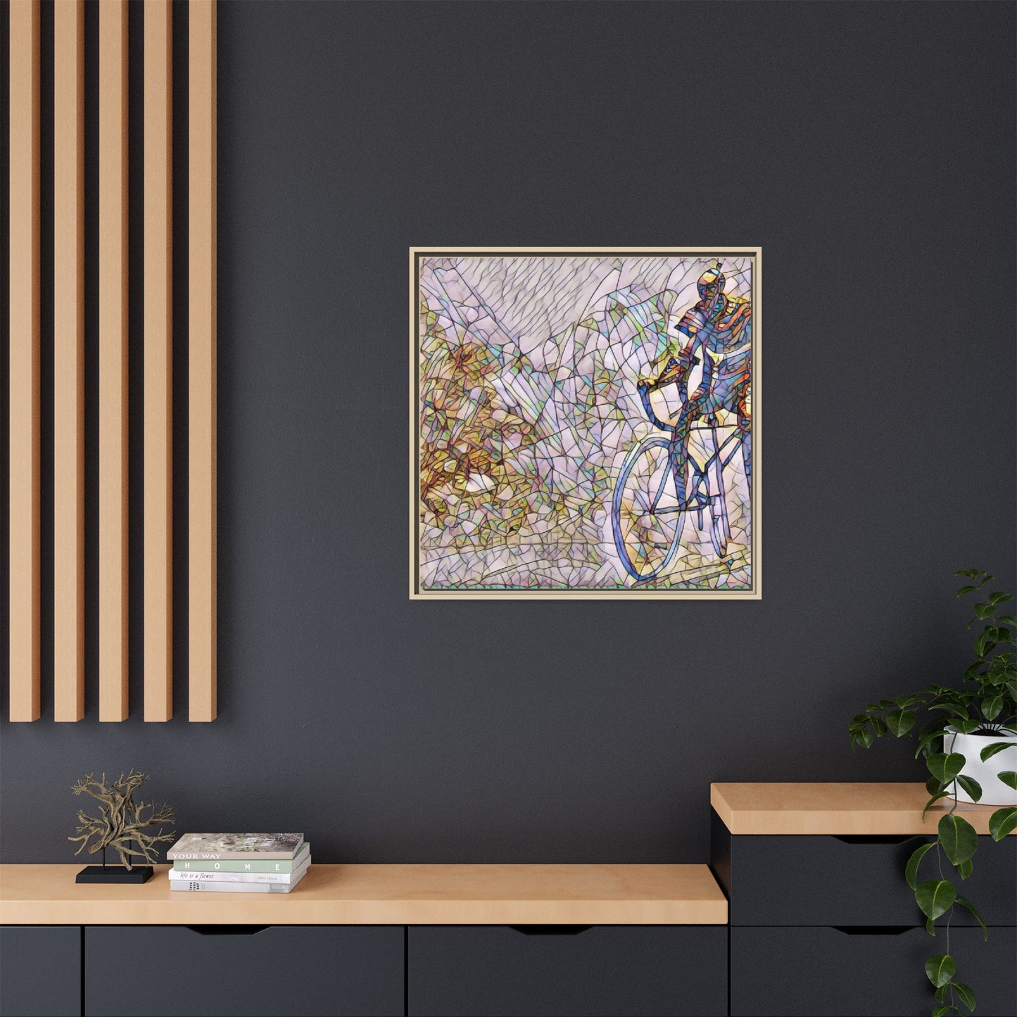 Colorful Cyclist Stained-Glass Art — Framed Matte Canvas