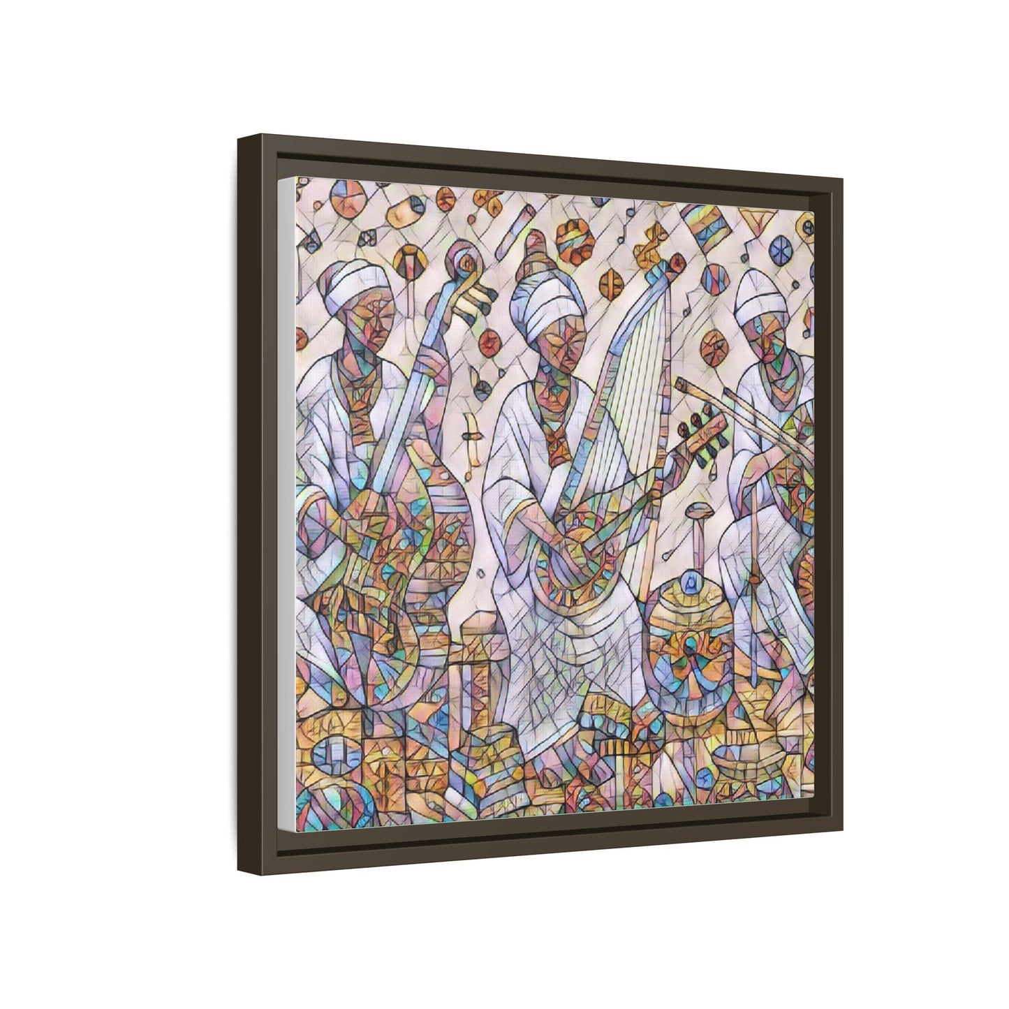 Framed Matte Canvas Print — Colorful African Musicians Stained-Glass Art