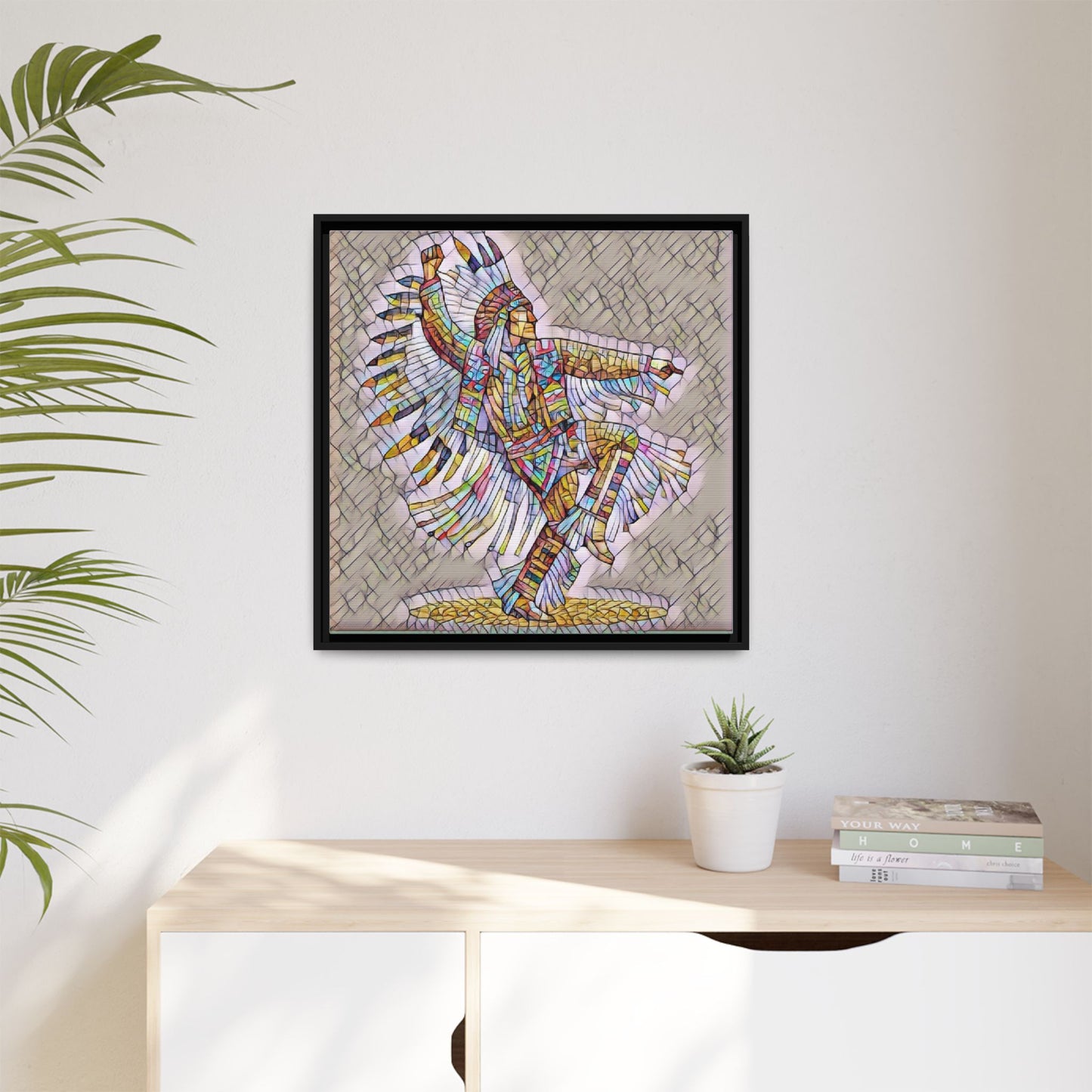 Colorful Native Dancer Framed Canvas Art — Stained Glass Style Wall Decor