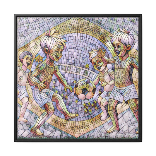Framed Matte Canvas – Vintage Mosaic Kids Playing Soccer Art