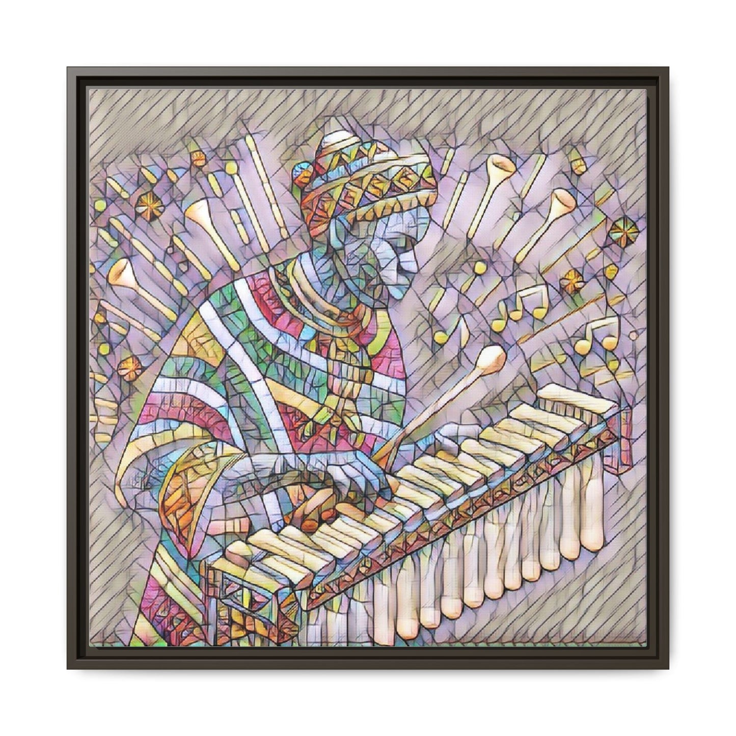 Colorful Marimba Musician Matte Framed Canvas — Vibrant African Instrument Wall Art
