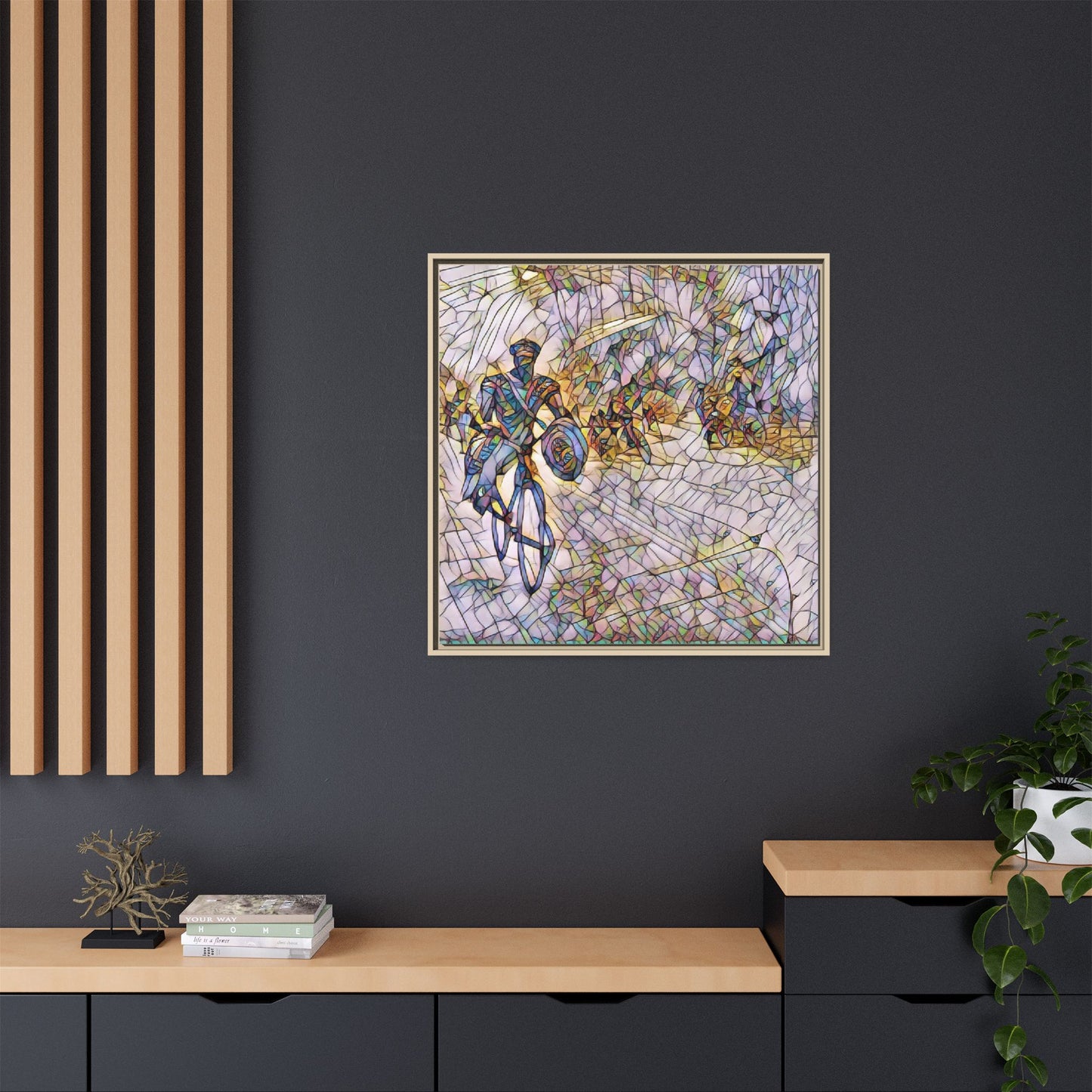Cyclist Mosaic Matte Canvas Framed Wall Art — Colorful Biking Scene