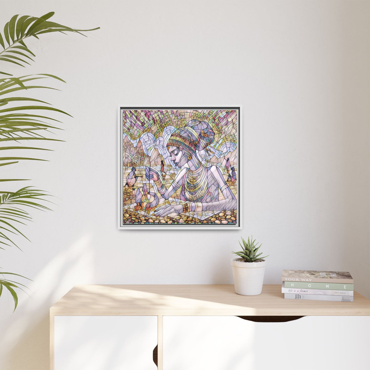 Framed Matte Canvas Art — Mosaic-Inspired Egyptian Woman Illustration