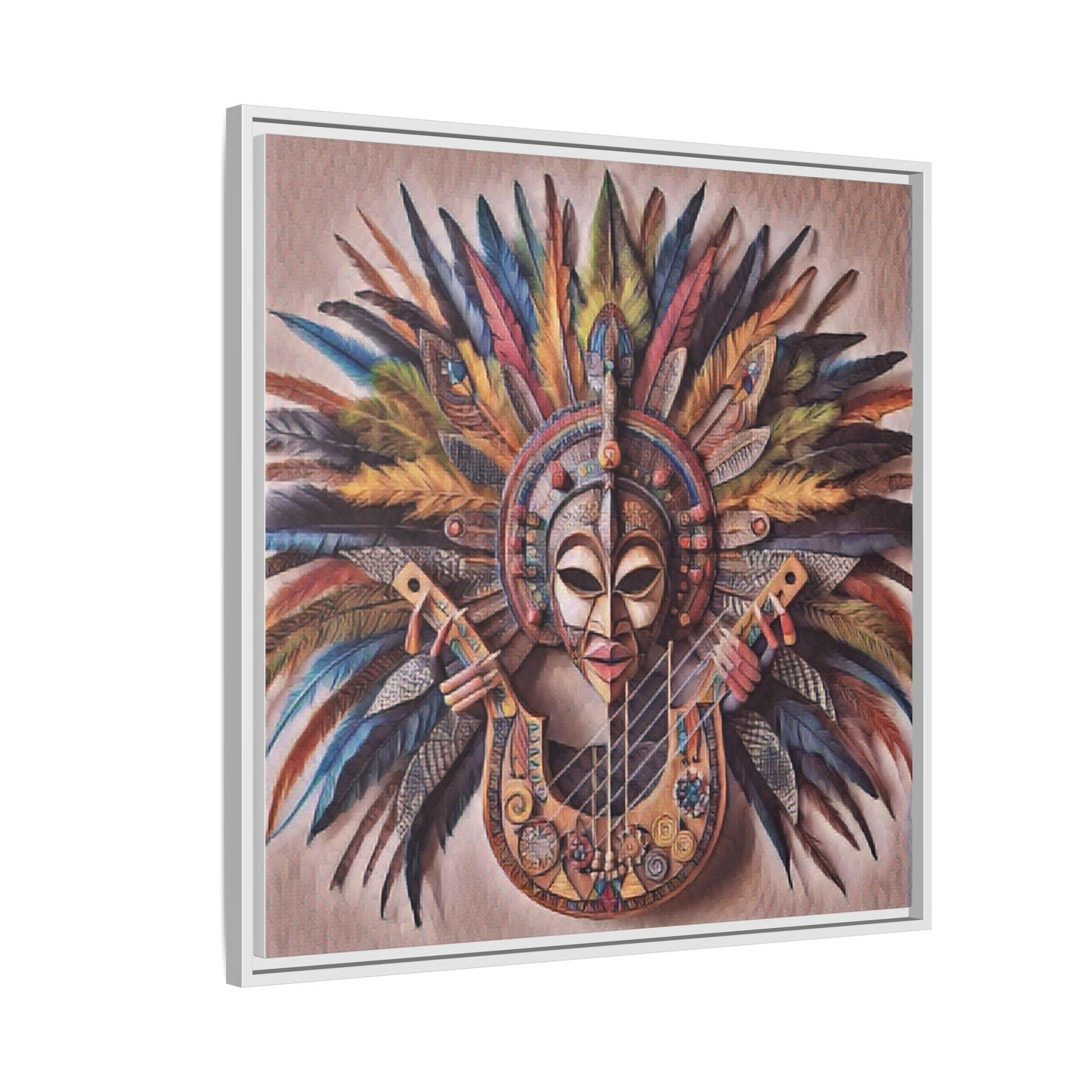 Tribal Feather Mask Guitar Framed Canvas Art — Colorful Boho Wall Decor