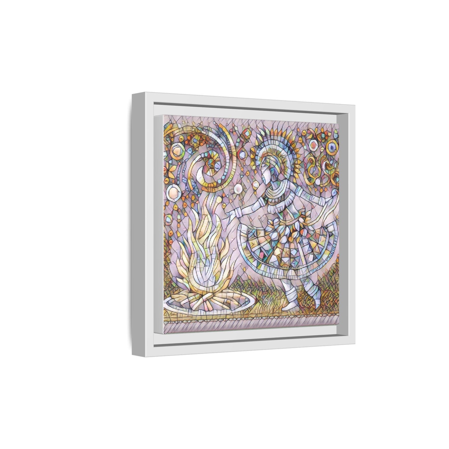 Bohemian Fire Dancer Framed Canvas Art — Colorful Folk Mosaic Wall Decor