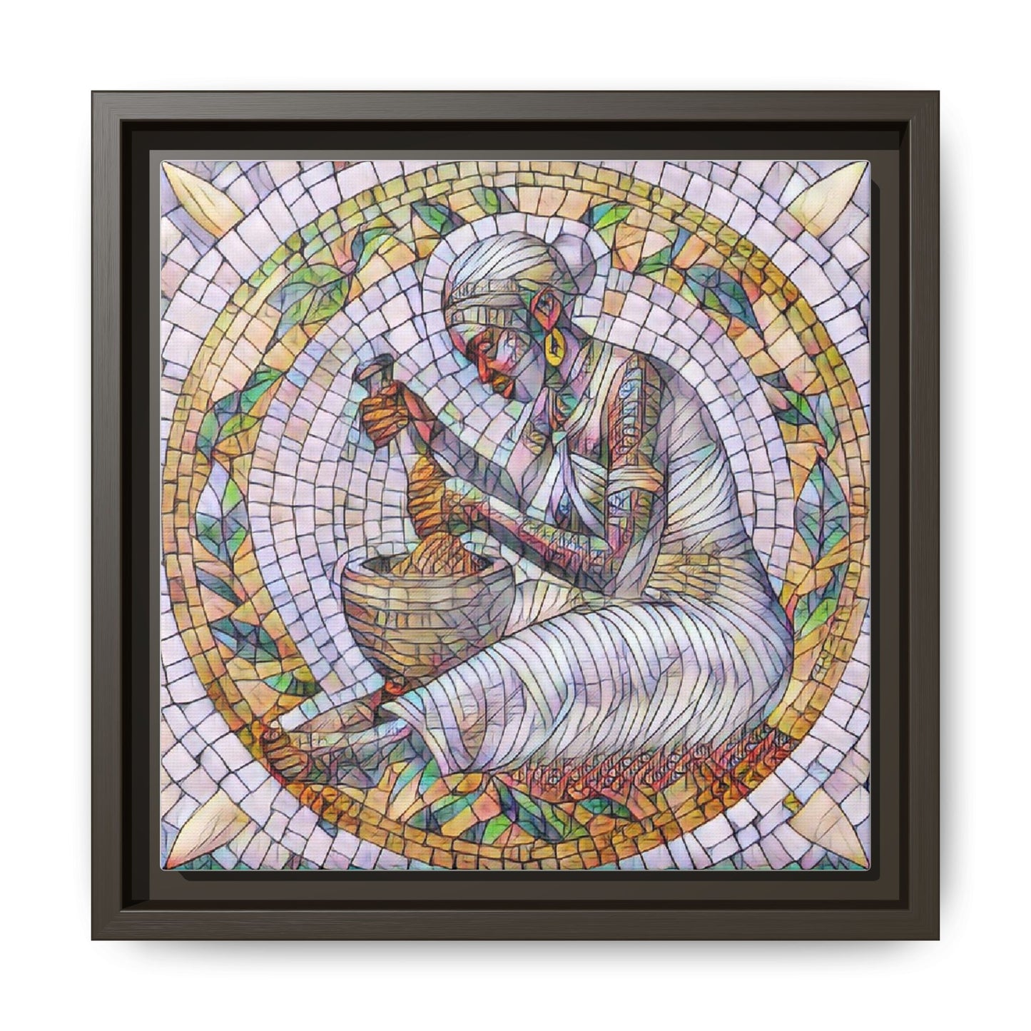 Framed Mosaic Art Print — Woman Grinding Grain (Matte Canvas)