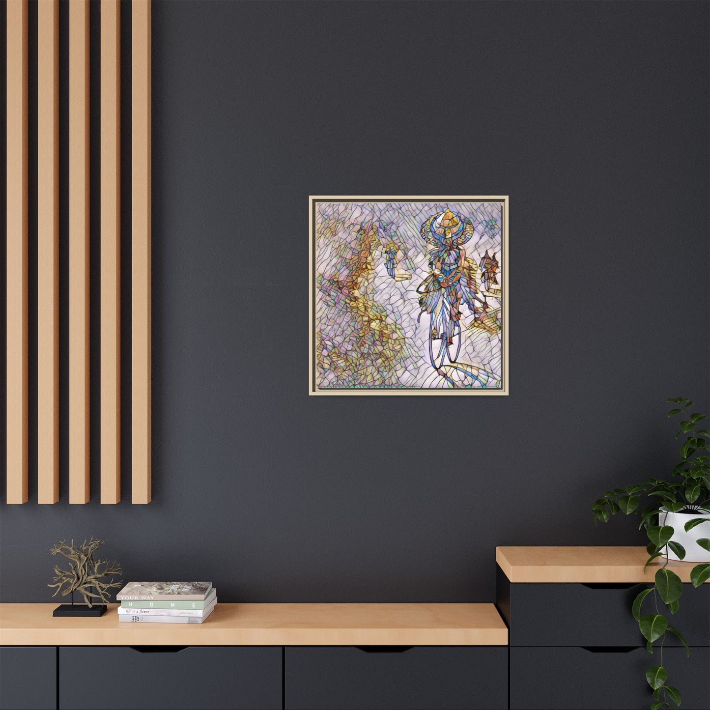 Abstract Cyclist Stained-Glass Art Print — Framed Matte Canvas