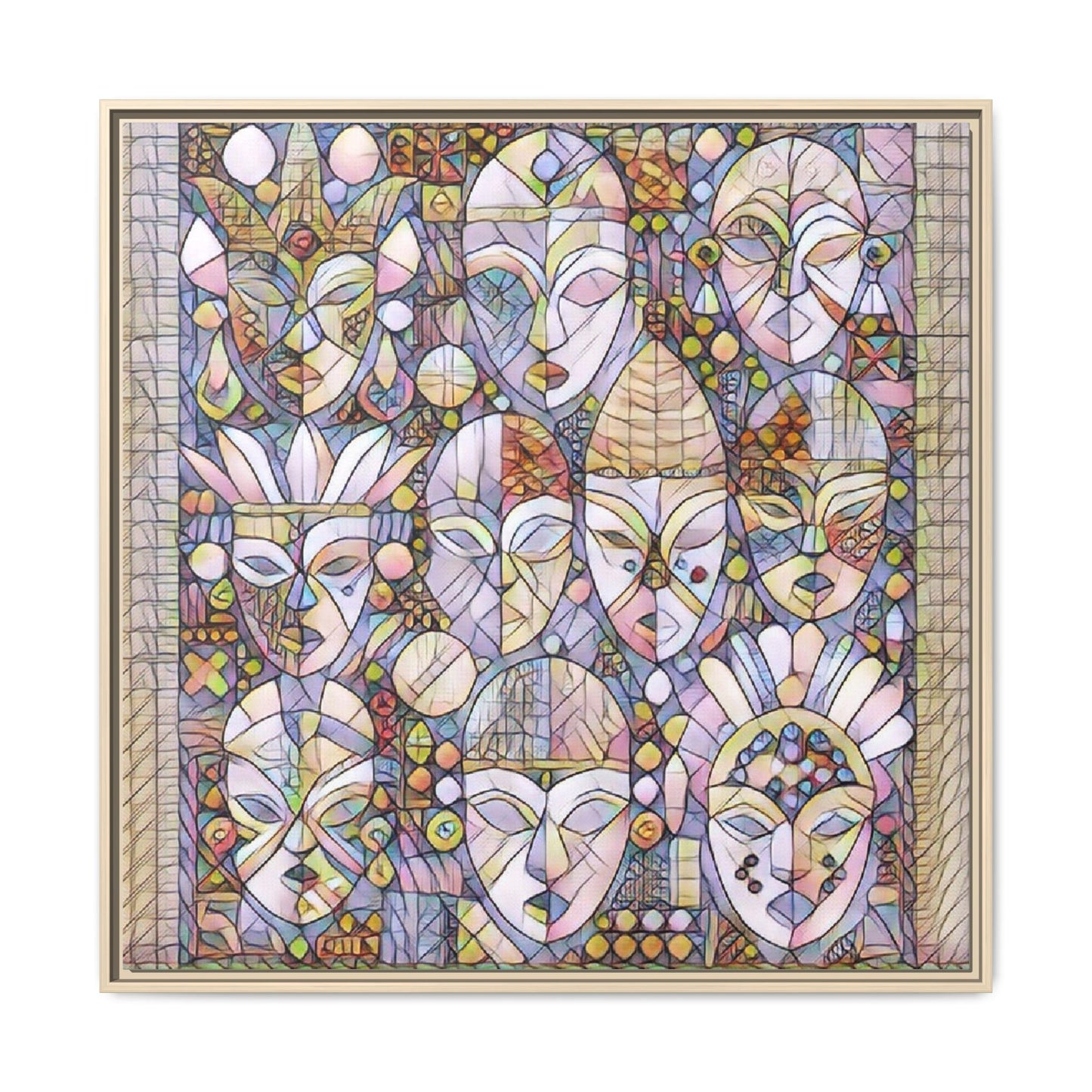 Framed Abstract Mask Art Canvas — Multicolor Stained-Glass Faces Wall Decor