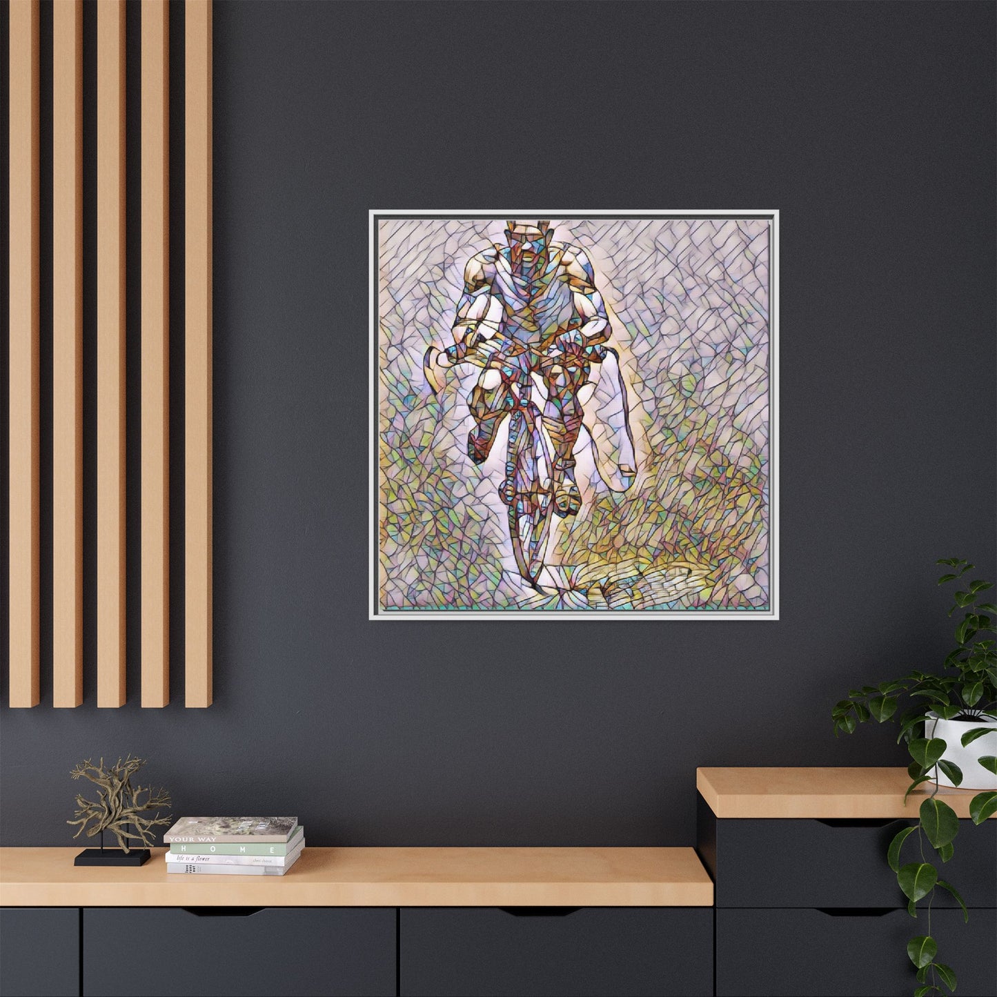 Cyclist Art Print — Framed Matte Canvas Wall Art (Multicolor Stained-Glass Style)