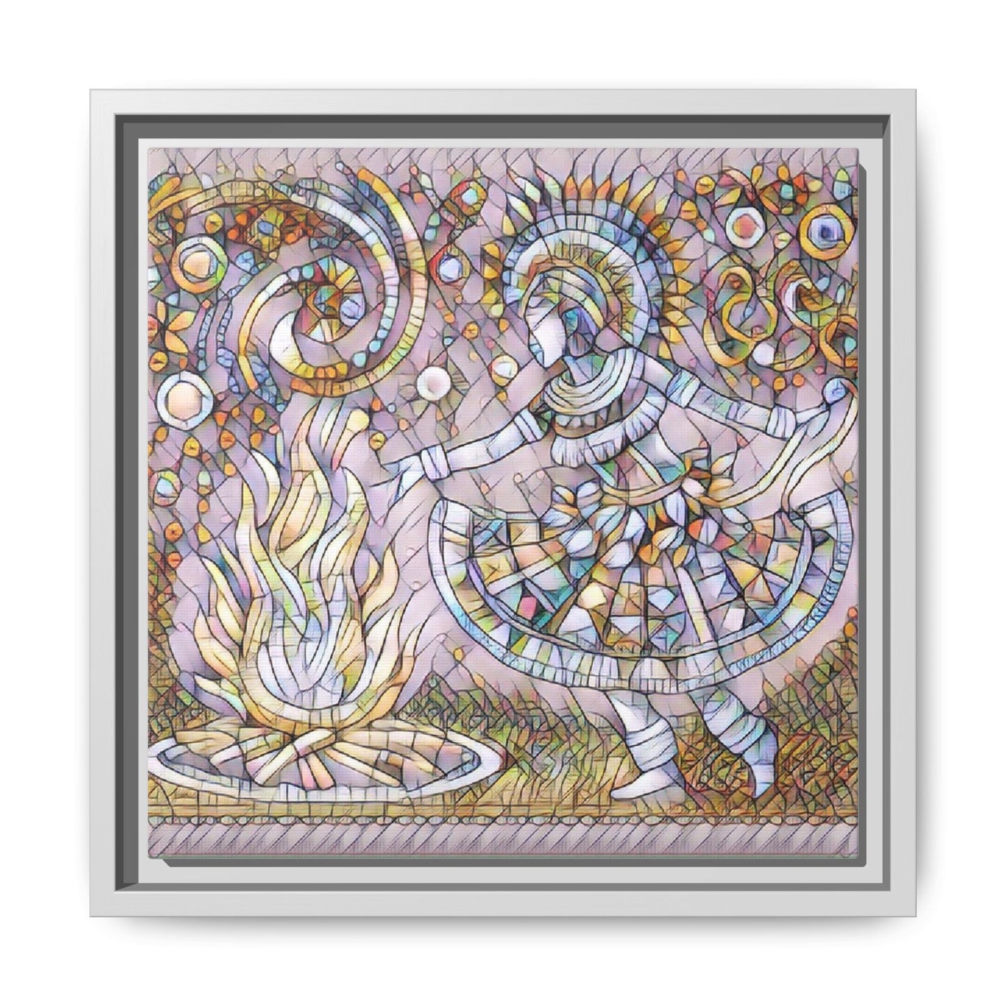 Bohemian Fire Dancer Framed Canvas Art — Colorful Folk Mosaic Wall Decor