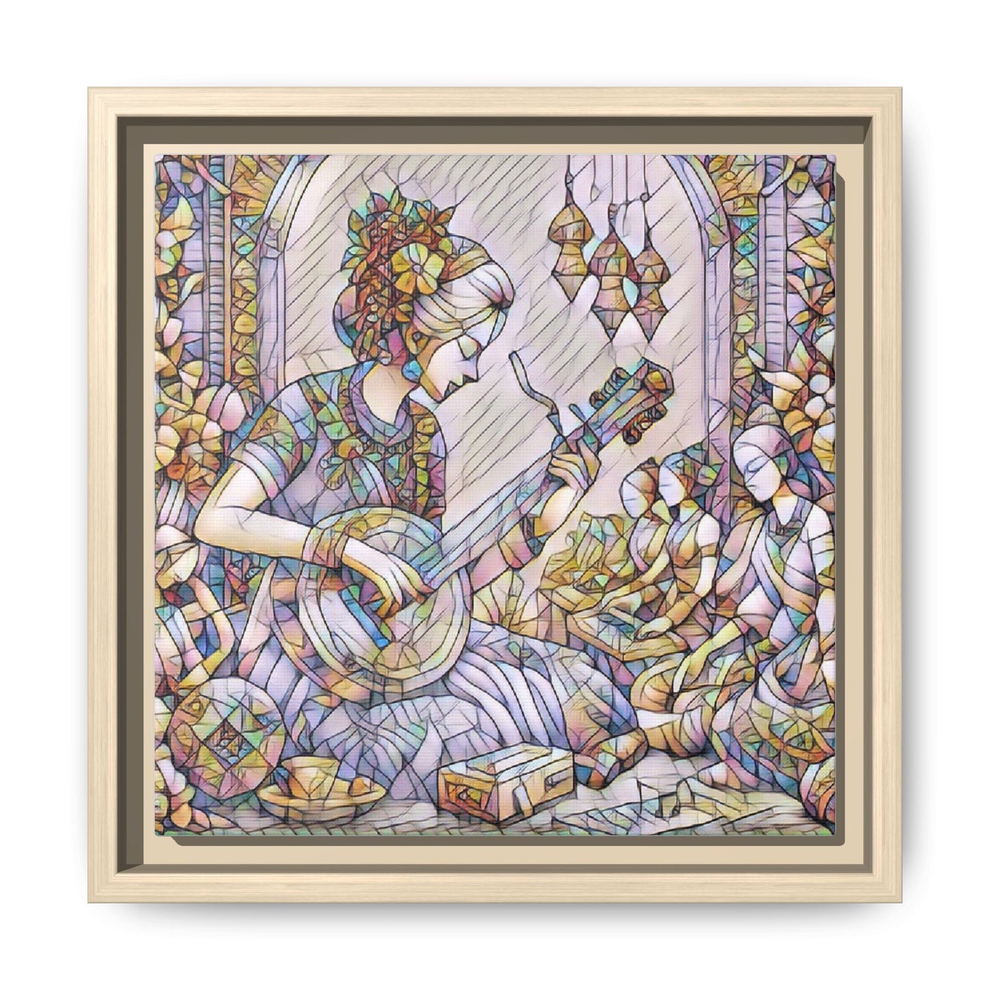 Framed Matte Canvas: Bohemian Woman Playing Lute — Stained-Glass Style Wall Art