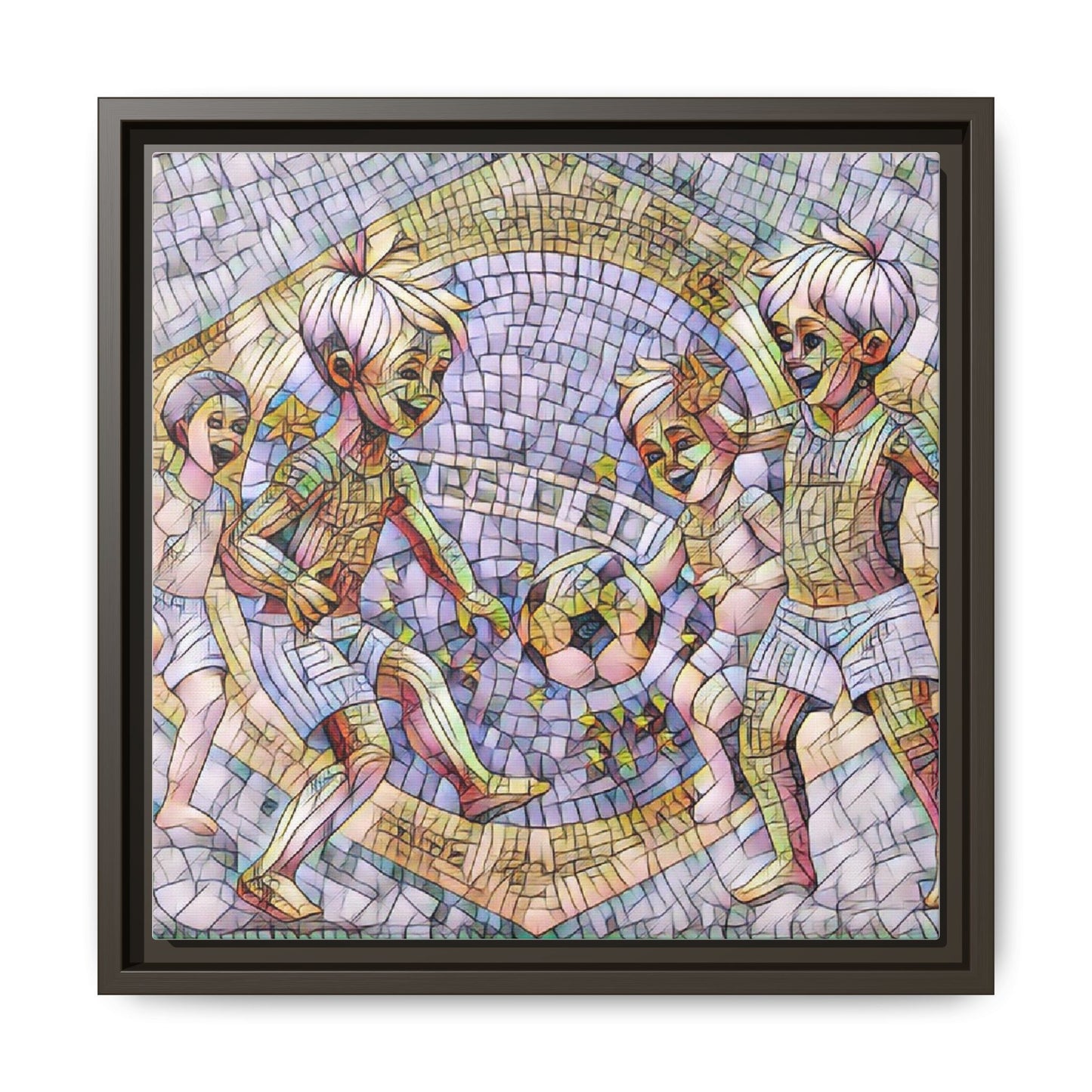 Framed Matte Canvas – Vintage Mosaic Kids Playing Soccer Art