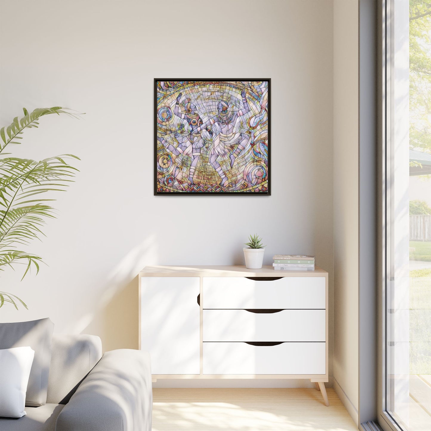 Abstract Dancers Matte Framed Canvas Wall Art — Multi‑Color Stained Glass Style