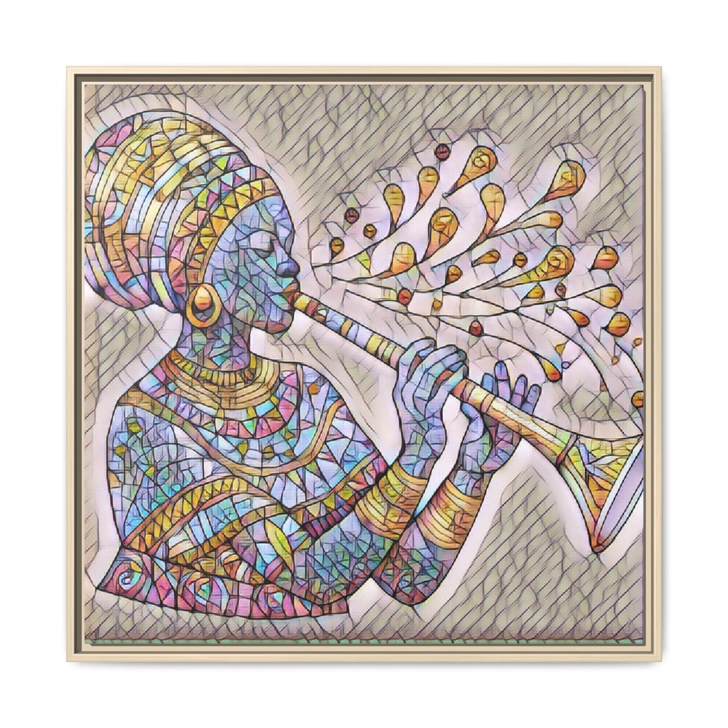 Framed Matte Canvas Art – Colorful African Musician Trumpet Print