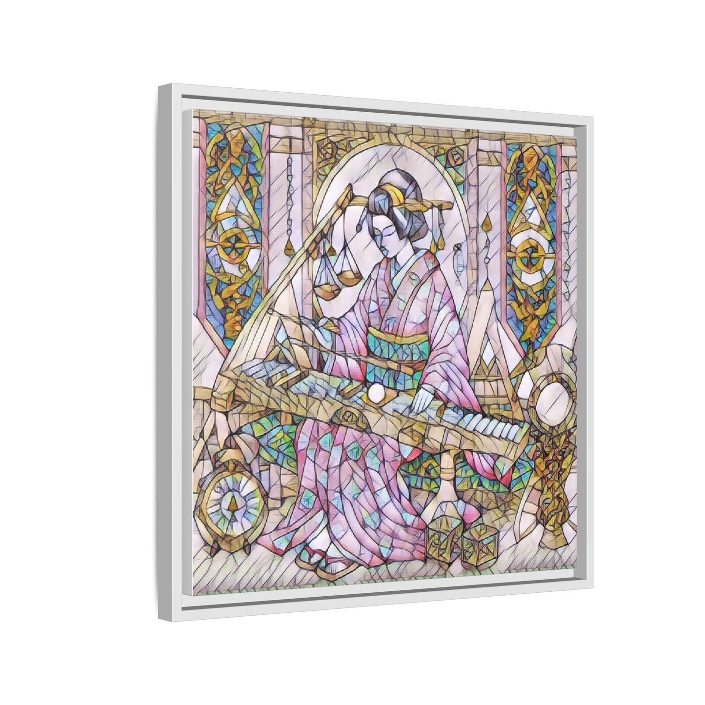 Framed Matte Canvas — Geisha Harp Stained-Glass Art Print