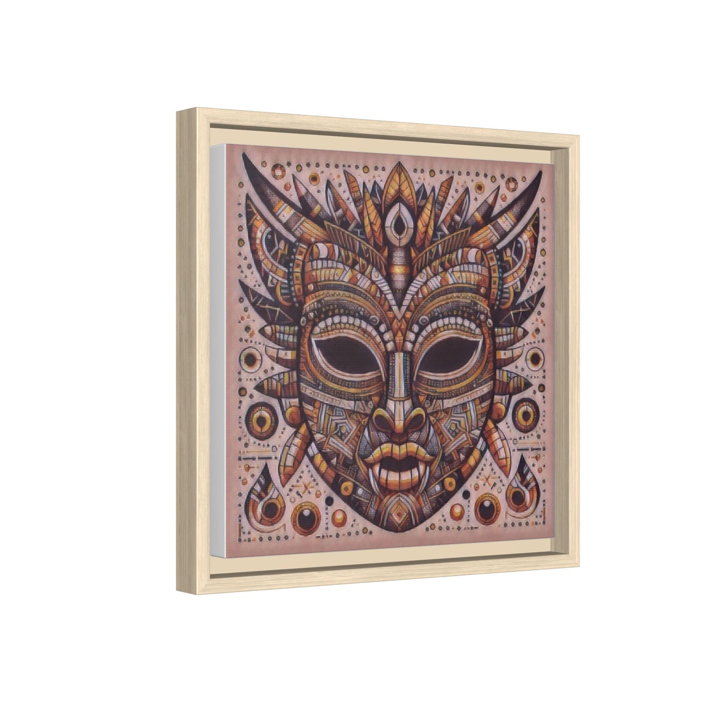Tribal Mask Framed Canvas Art — Multicolor Matte Wall Decor