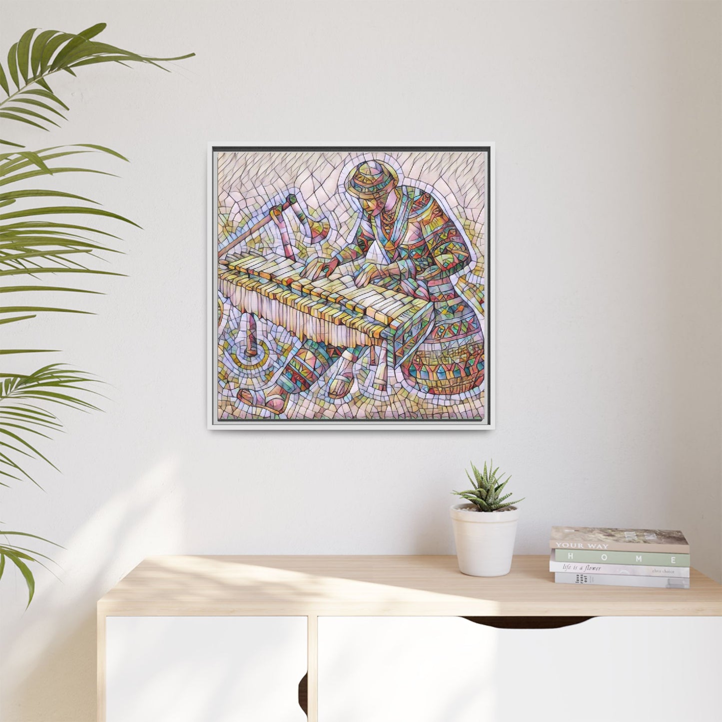 Framed Canvas Art - Colorful Mosaic Vibraphone Musician Print