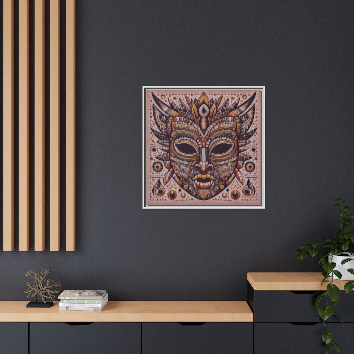 Tribal Mask Framed Canvas Art — Multicolor Matte Wall Decor
