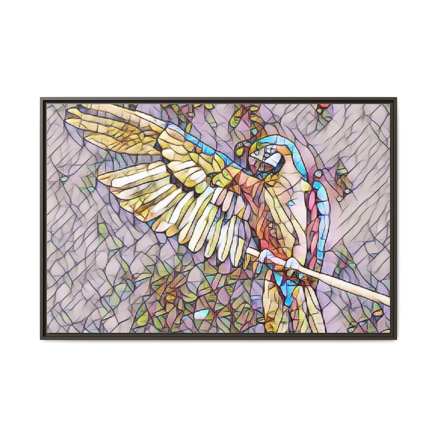 Framed Parrot Stained-Glass Art Print — Matte Canvas Wall Decor