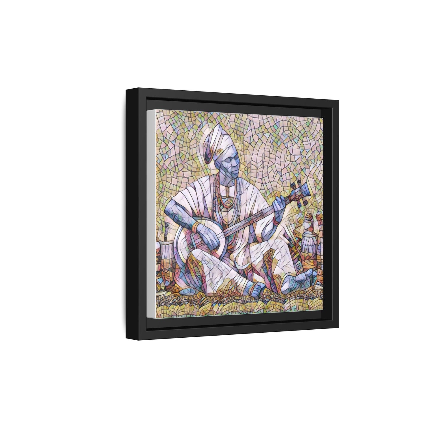 Framed Mosaic Musician Canvas Art — African Griot with Kora
