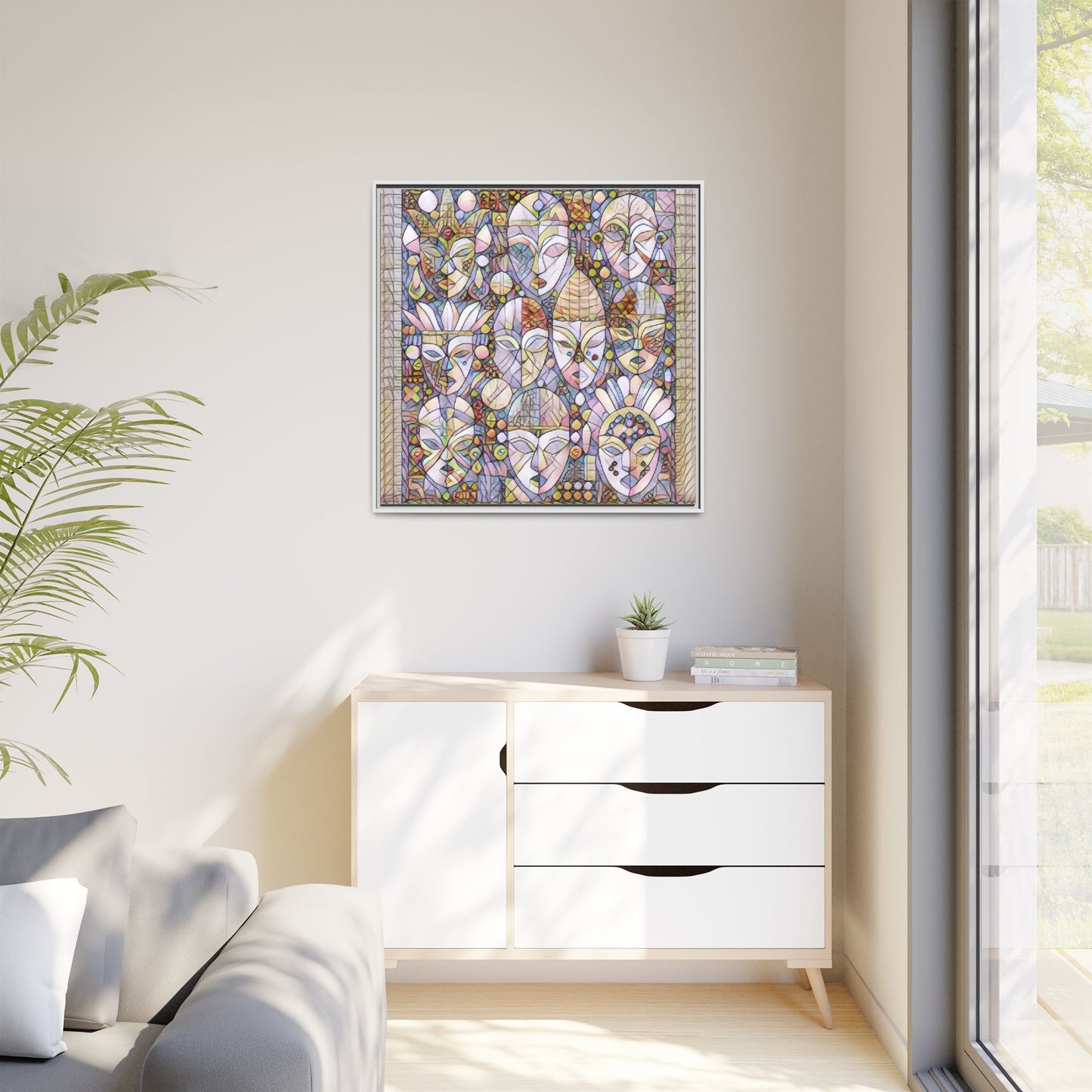 Framed Abstract Mask Art Canvas — Multicolor Stained-Glass Faces Wall Decor