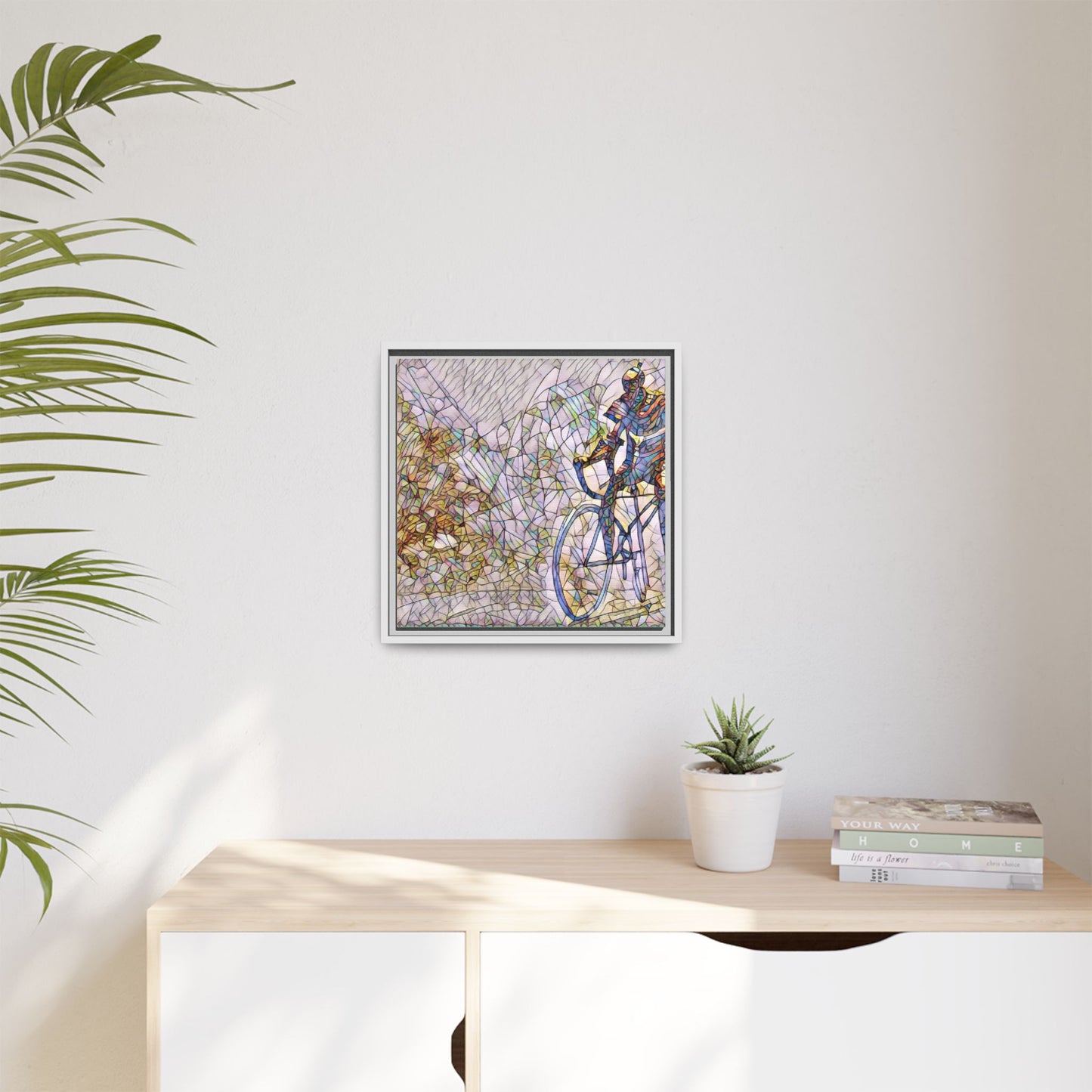 Colorful Cyclist Stained-Glass Art — Framed Matte Canvas