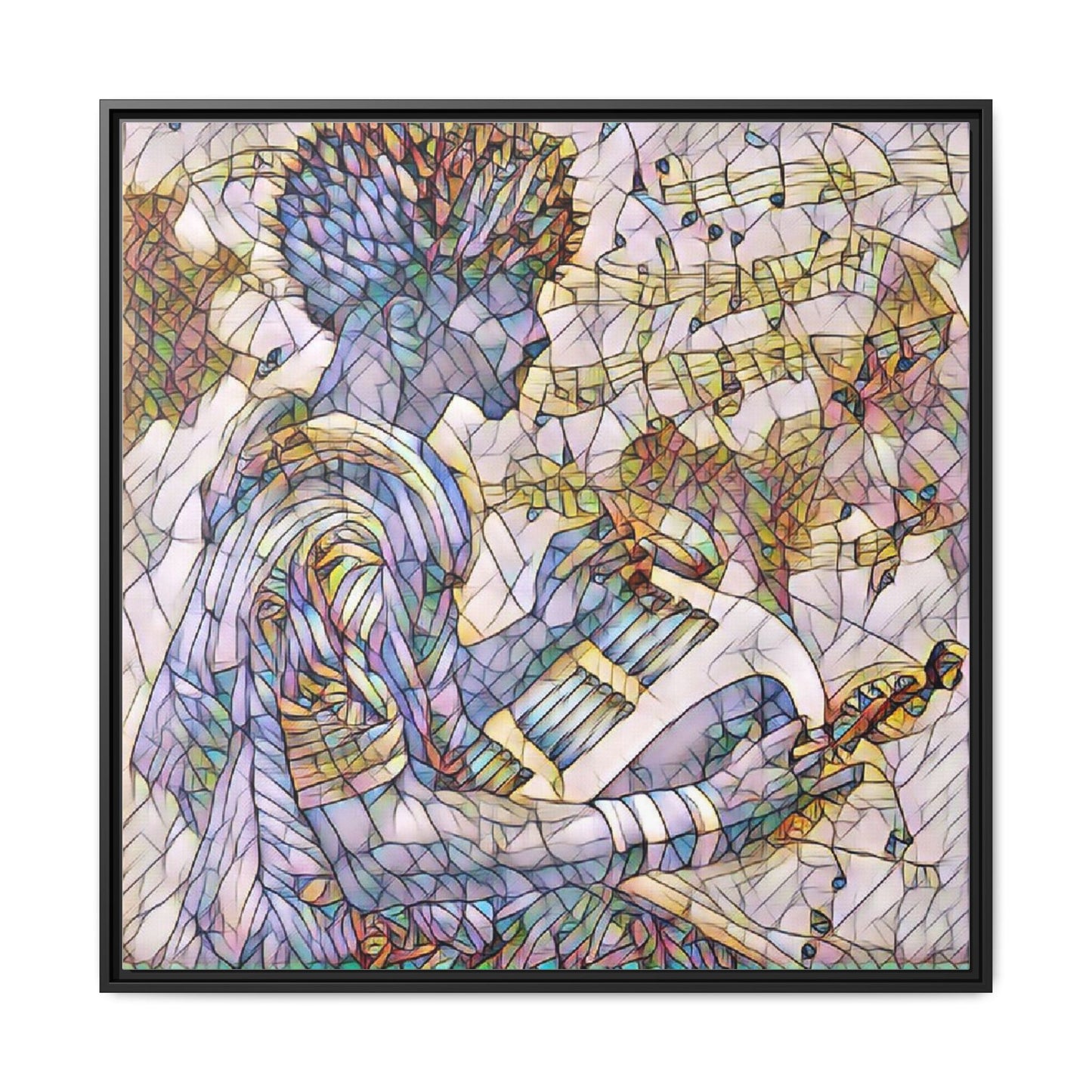 Abstract Jazz Musician Framed Canvas Art — Colorful Stained-Glass Style Wall Decor