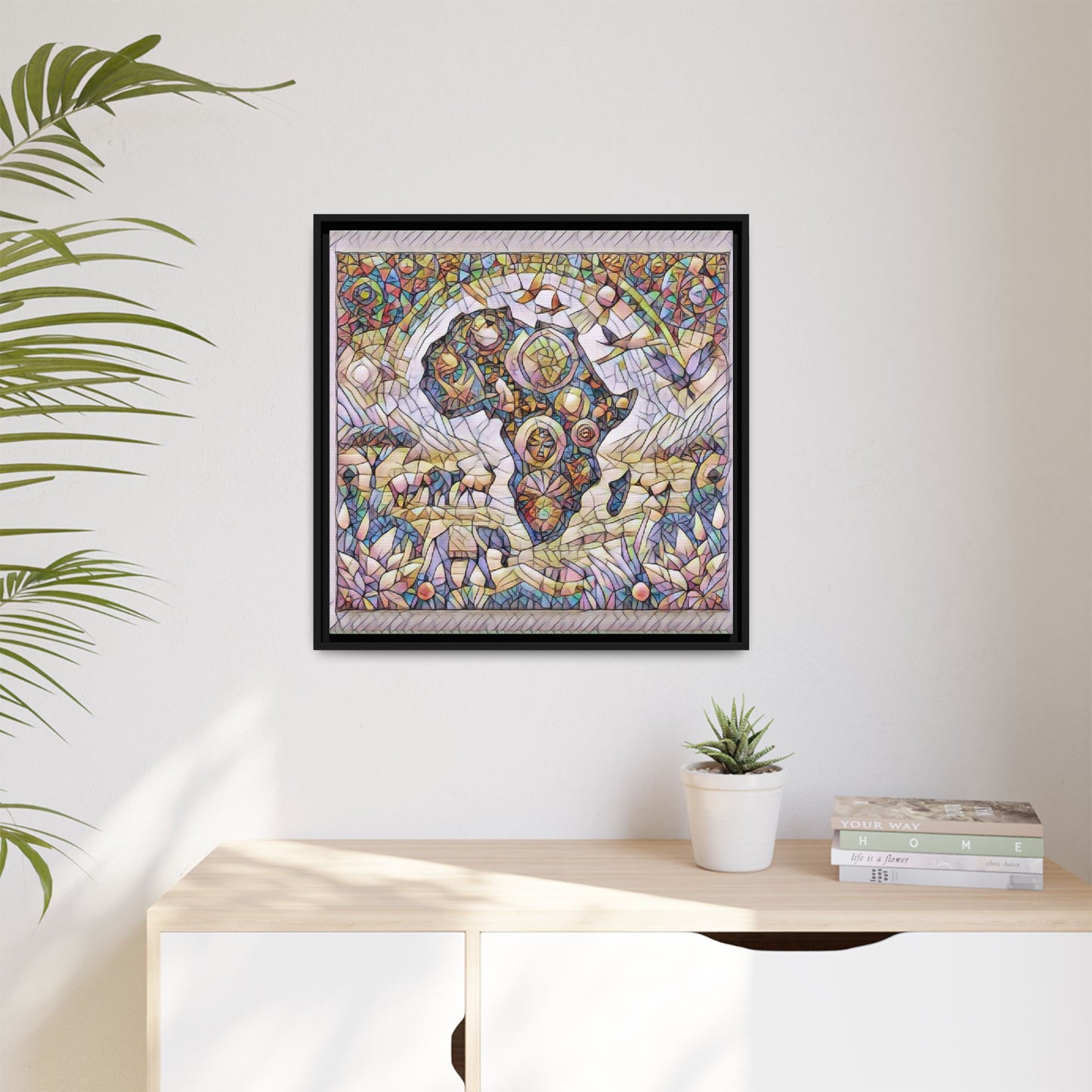 Abstract Mosaic Africa Framed Canvas — Colorful Stained-Glass Wall Art