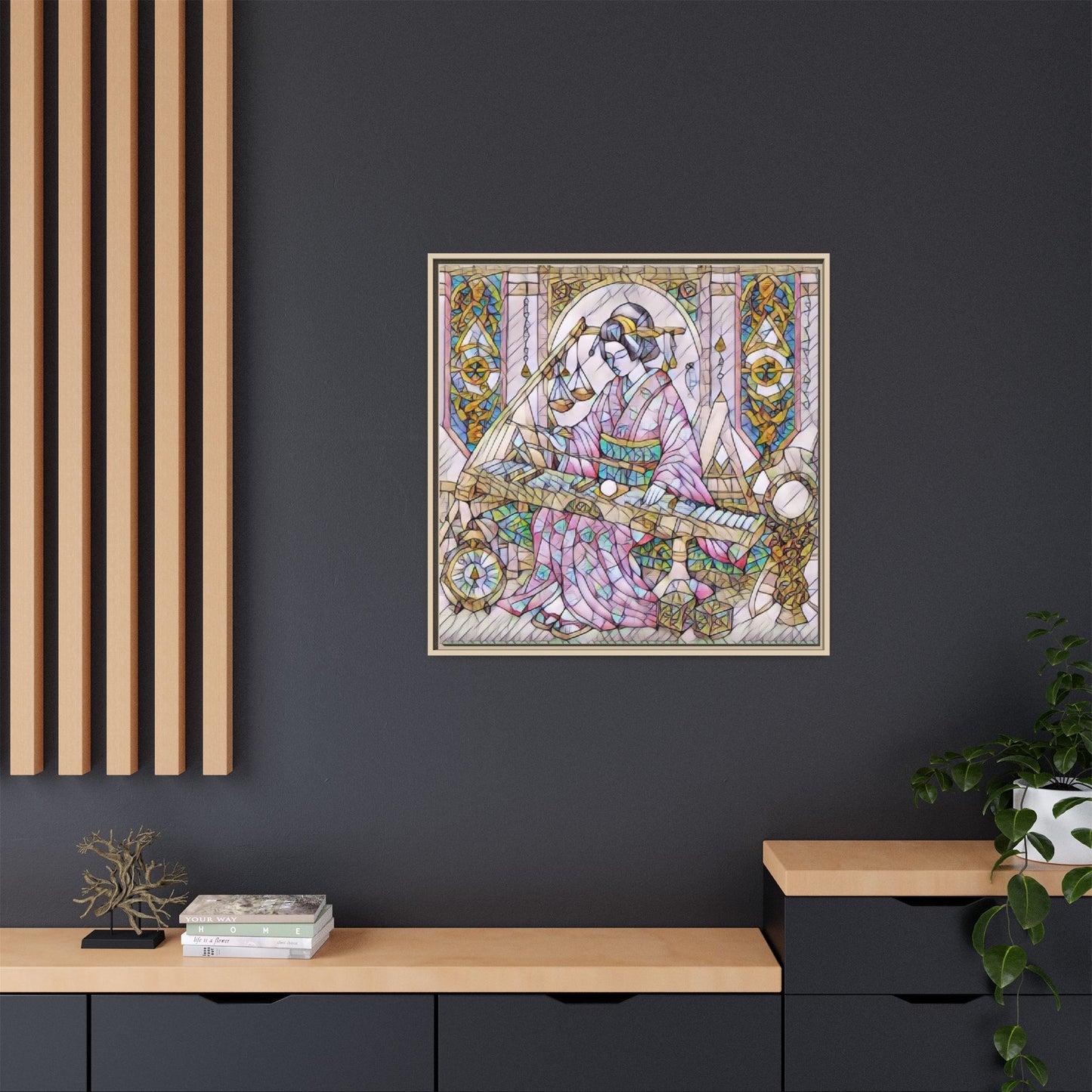 Framed Matte Canvas — Geisha Harp Stained-Glass Art Print