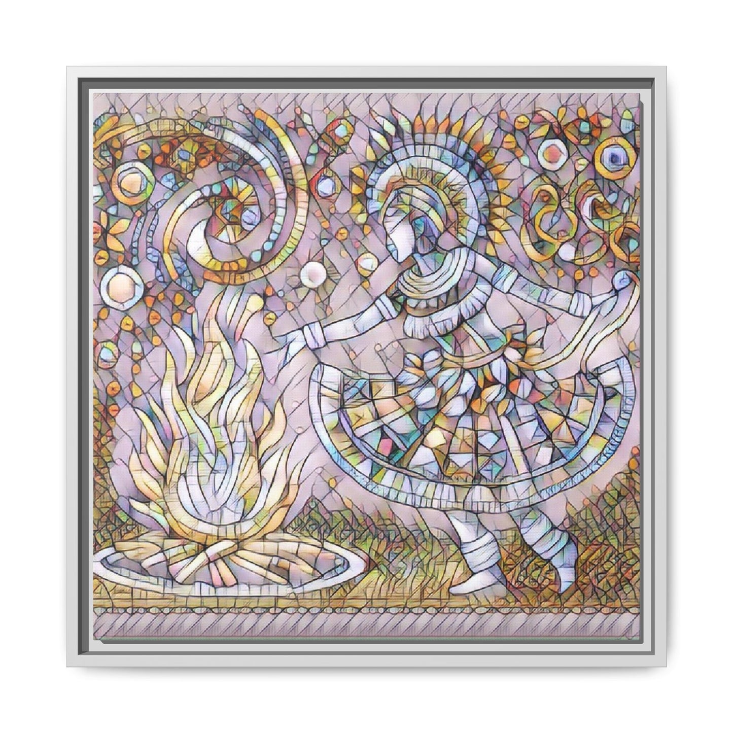 Bohemian Fire Dancer Framed Canvas Art — Colorful Folk Mosaic Wall Decor