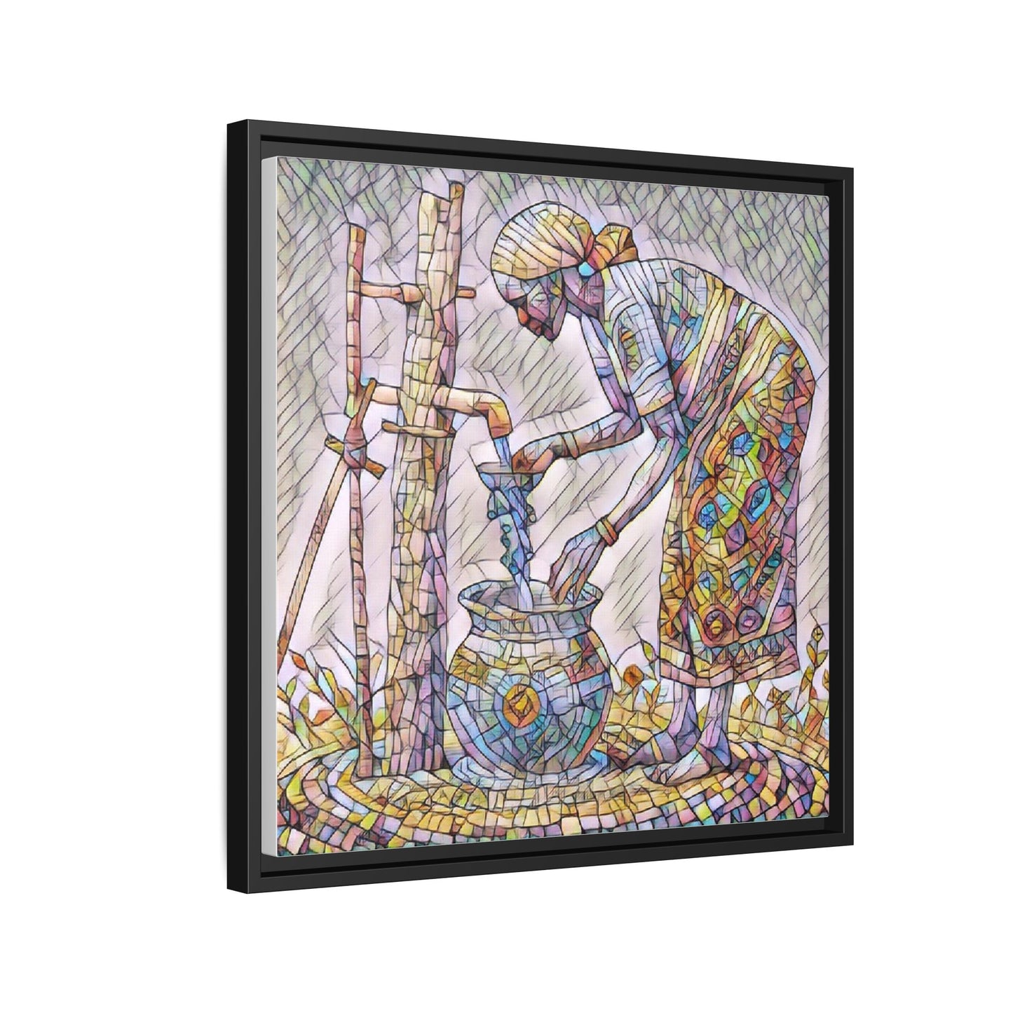 Framed Matte Canvas Art — Colorful Mosaic Woman at Well