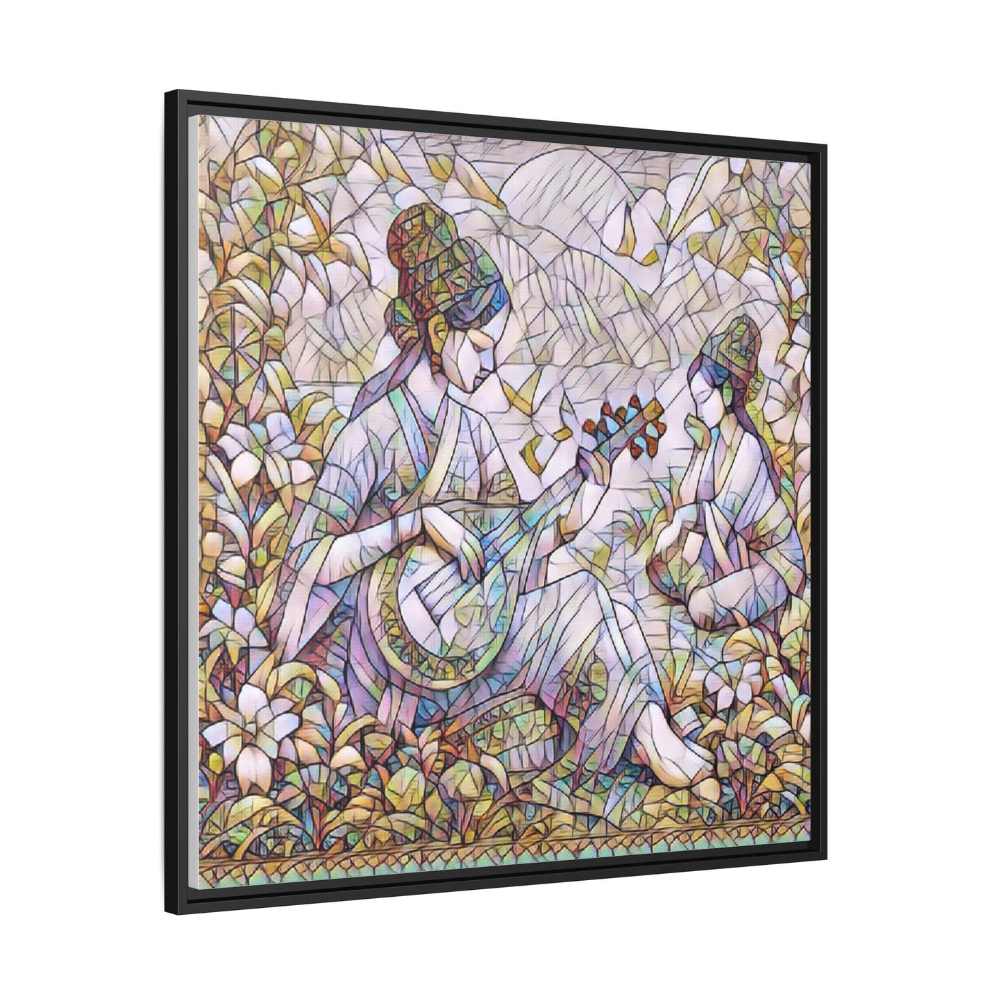 Framed Matte Canvas Art - Vintage Asian Musicians Floral Illustration