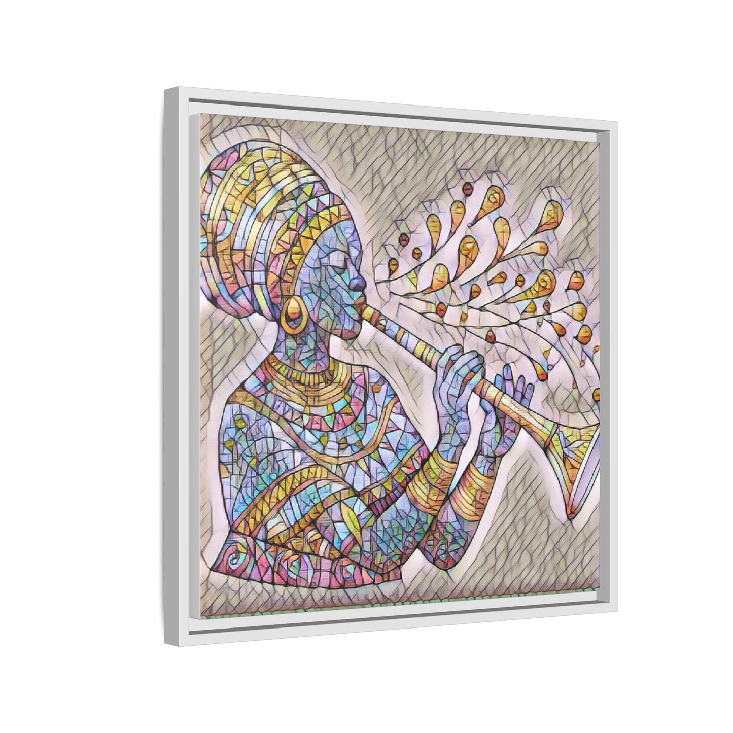 Framed Matte Canvas Art – Colorful African Musician Trumpet Print