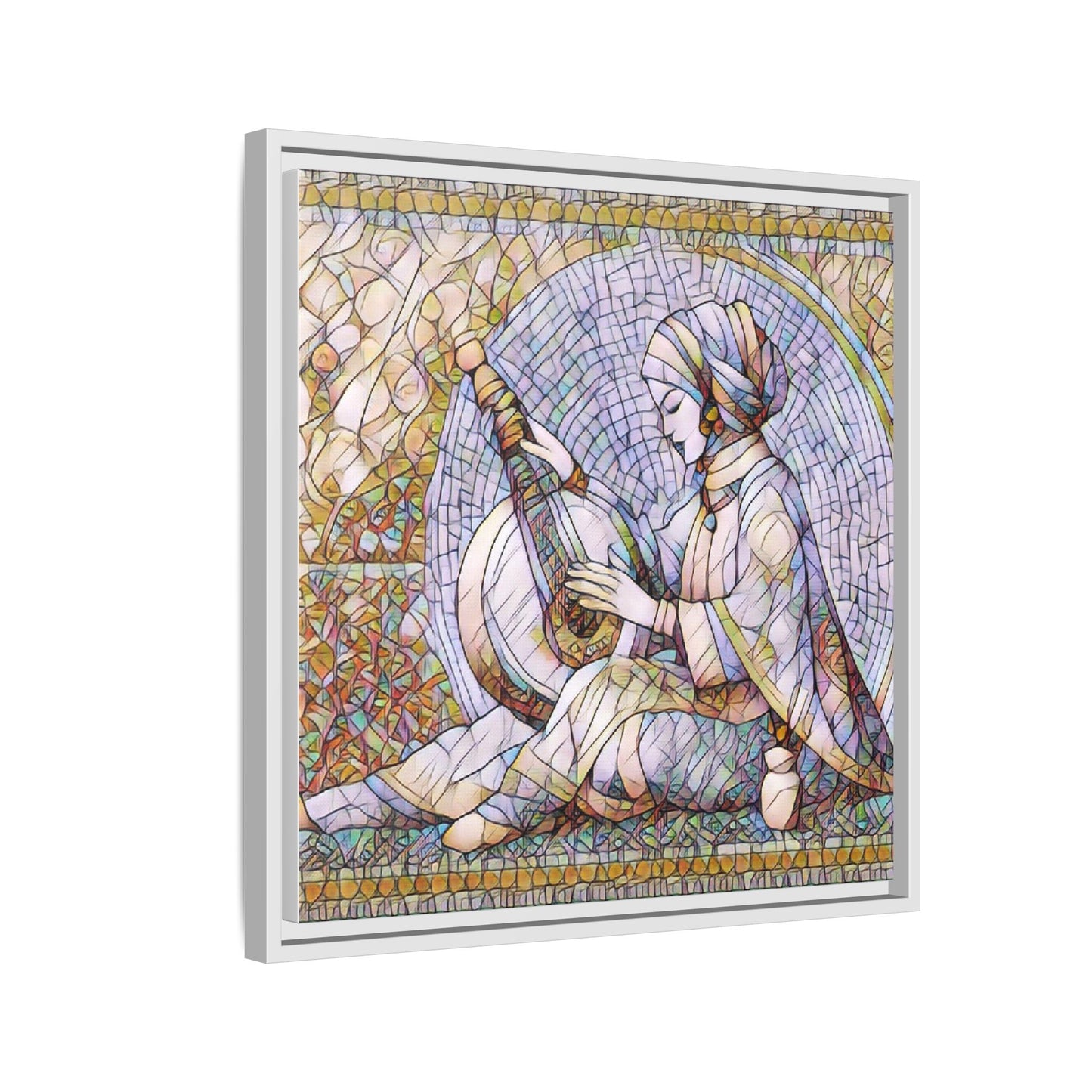 Framed Matte Canvas: Mosaic Lute Player Wall Art — Bohemian Musical Portrait