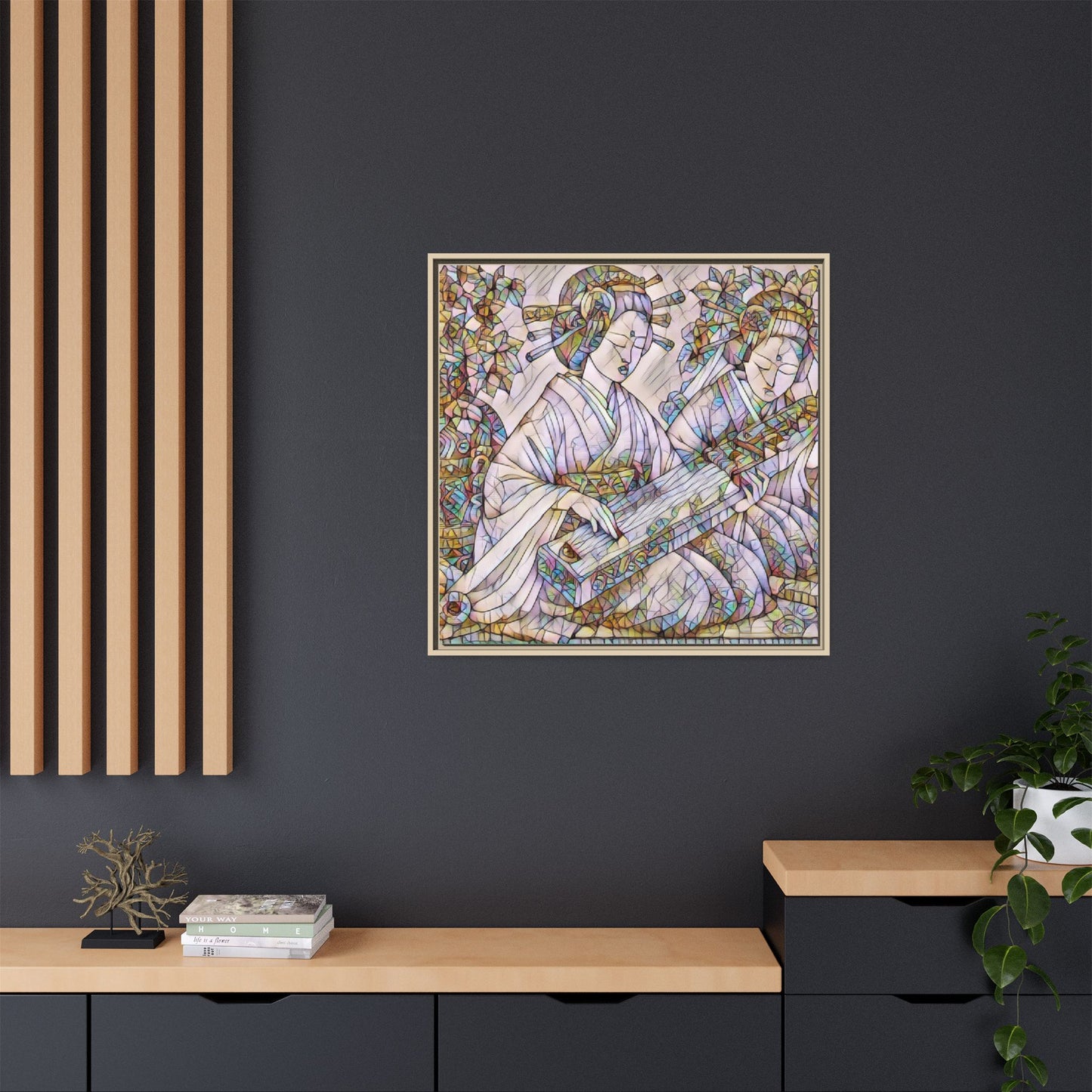 Framed Matte Canvas Print — Stained-Glass Geisha Duo