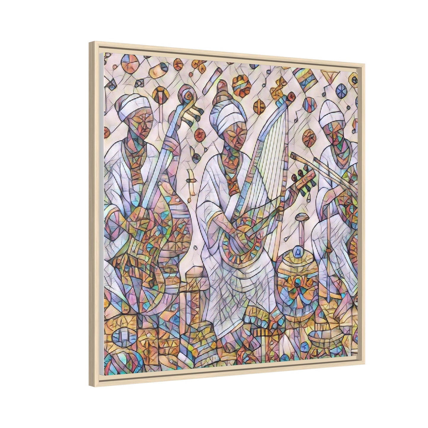 Framed Matte Canvas Print — Colorful African Musicians Stained-Glass Art