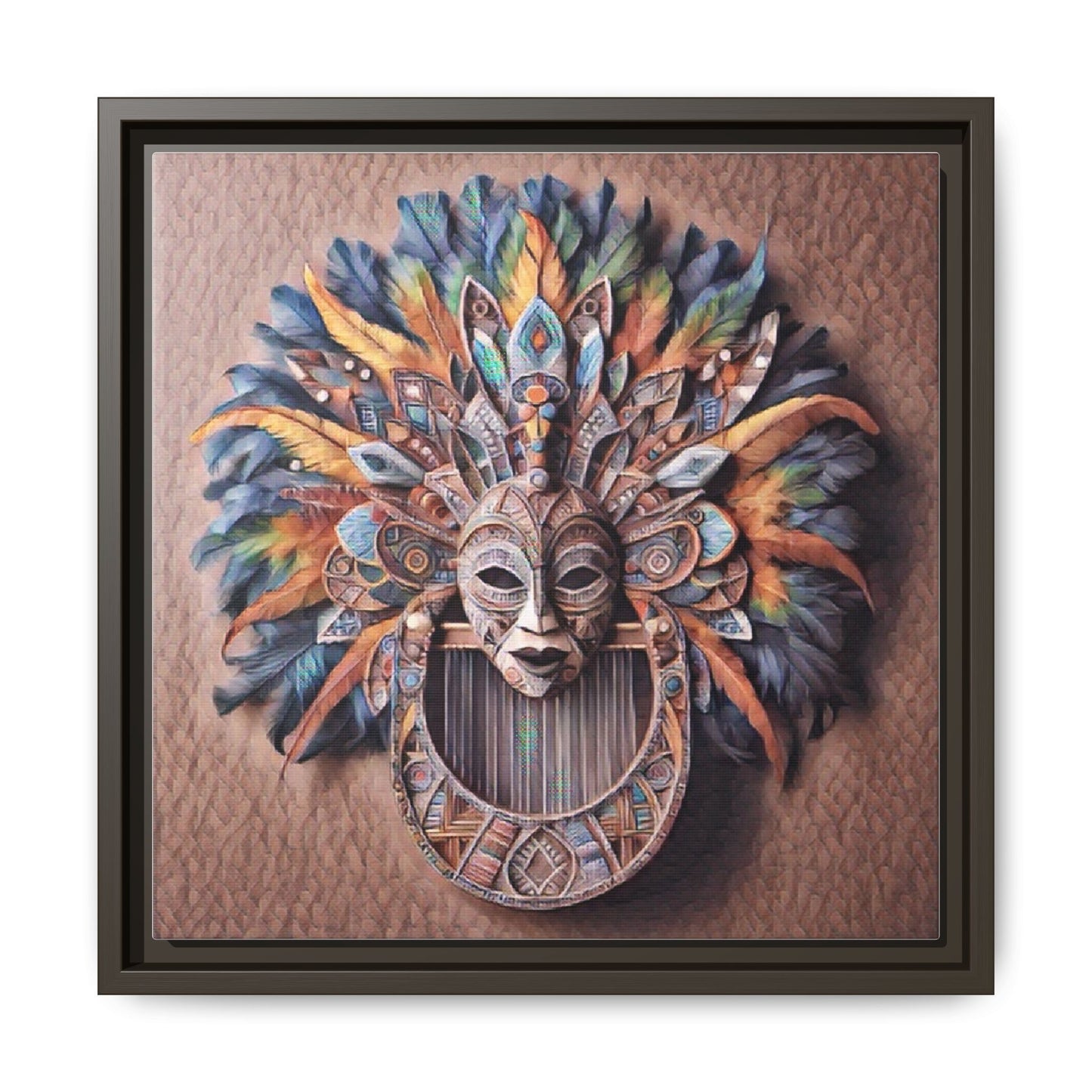 Tribal Feather Mask Framed Canvas Wall Art — Colorful Boho Decorative Print